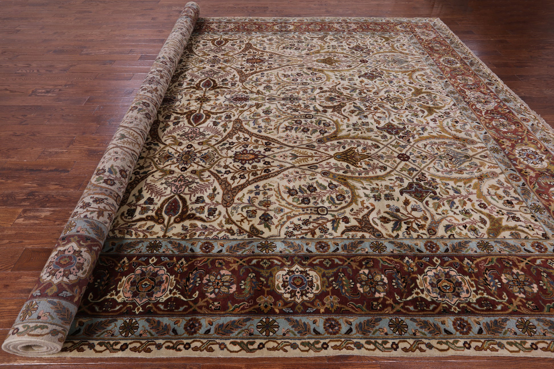 Ivory Persian Tabriz Hand Knotted Wool Rug - 12' 1" X 16' 3" - Golden Nile