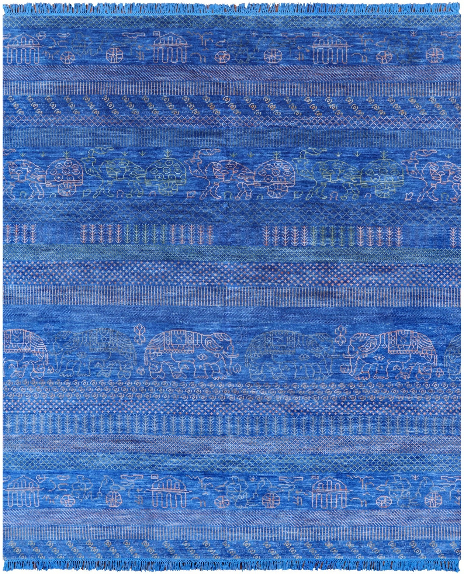 Blue Elephant Design Tribal Persian Gabbeh Handmade Wool Rug - 8' 3" X 10' 0" - Golden Nile