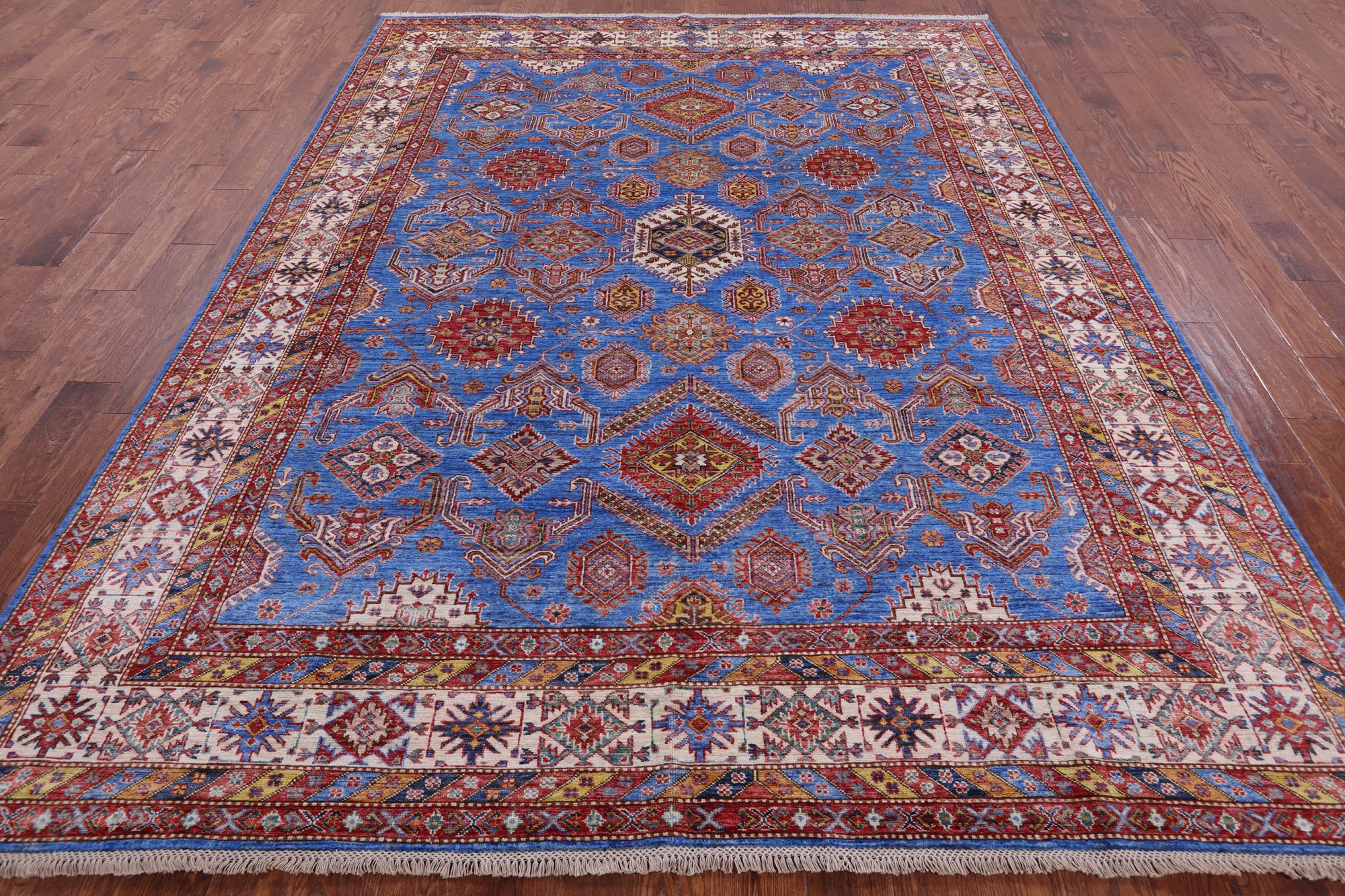 Blue Super Kazak Hand Knotted Wool Rug - 8' 2" X 10' 4" - Golden Nile