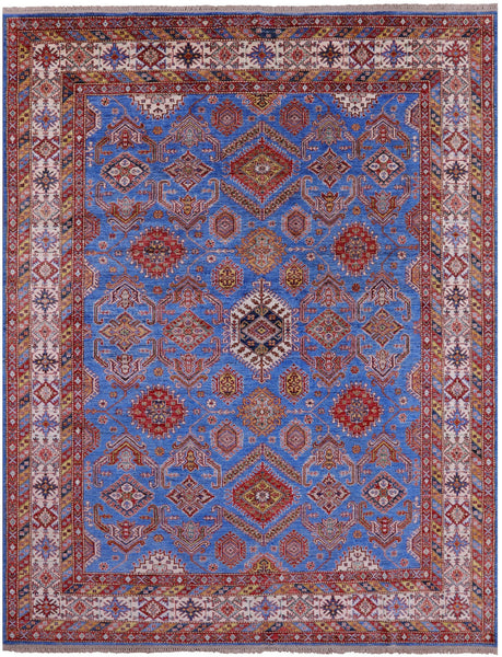 Blue Super Kazak Hand Knotted Wool Rug - 8' 2" X 10' 4" - Golden Nile