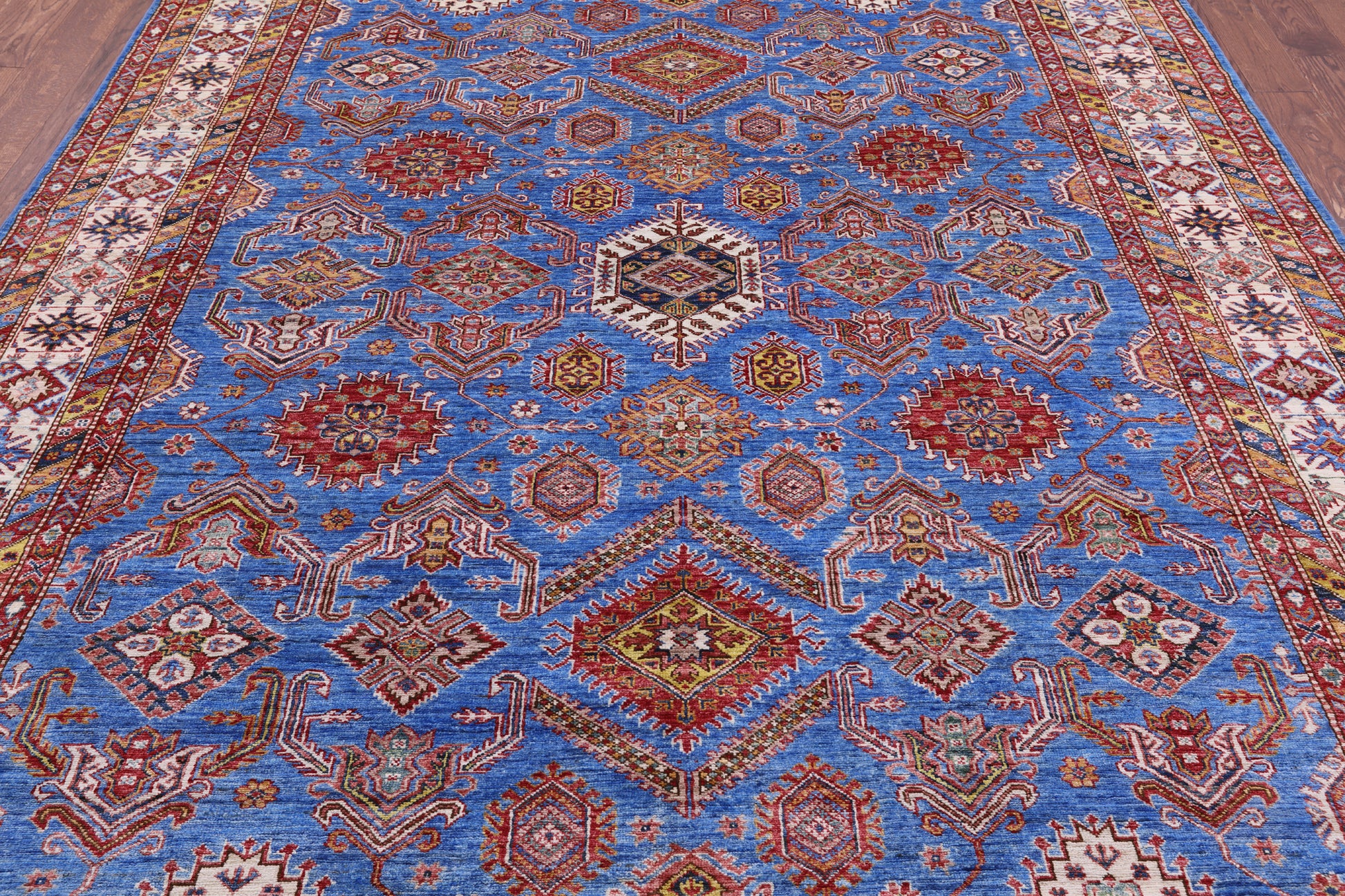 Blue Super Kazak Hand Knotted Wool Rug - 8' 2" X 10' 4" - Golden Nile