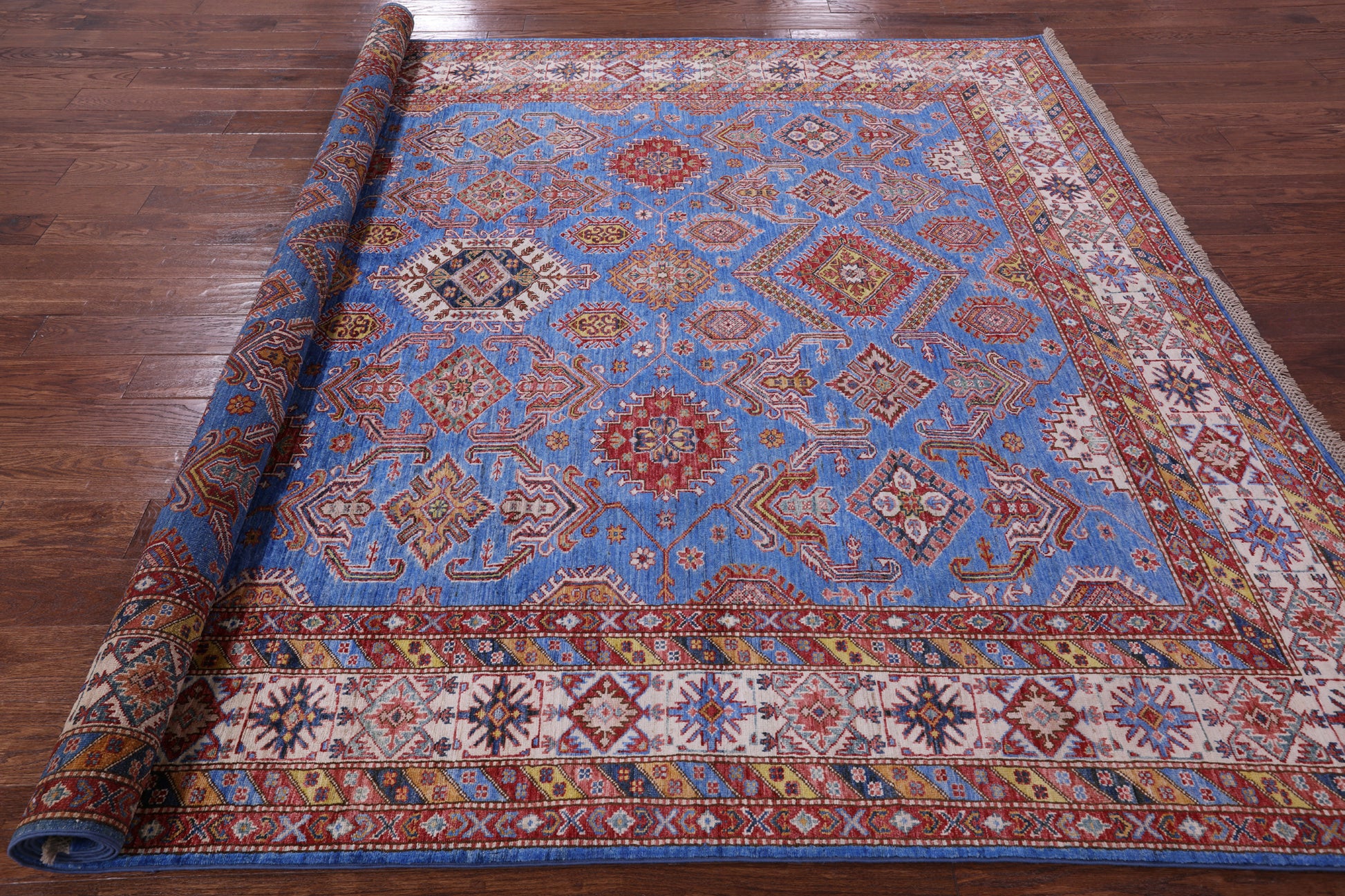 Blue Super Kazak Hand Knotted Wool Rug - 8' 2" X 10' 4" - Golden Nile