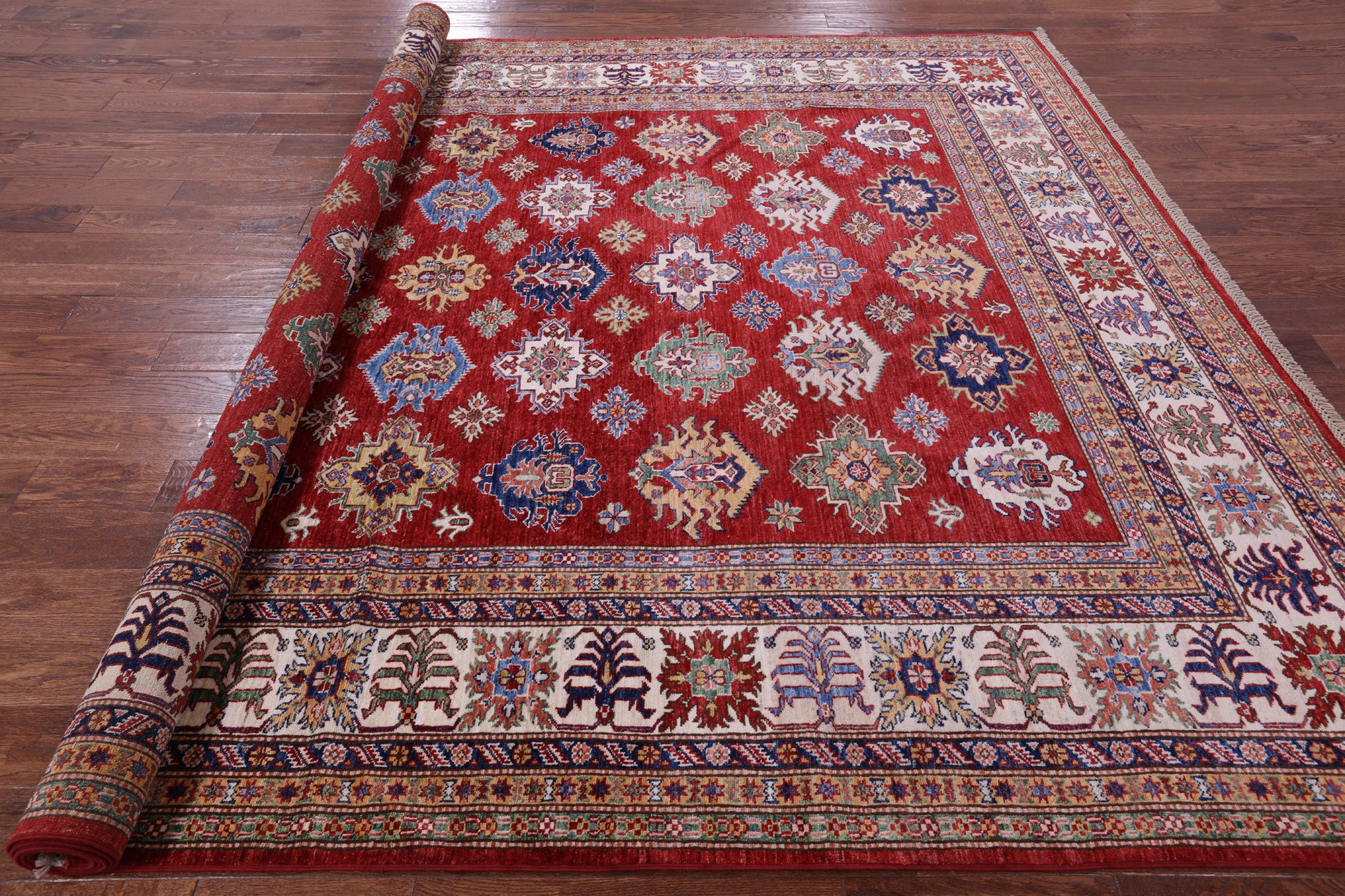 Red Super Kazak Hand Knotted Wool Rug - 8' 10" X 11' 9" - Golden Nile