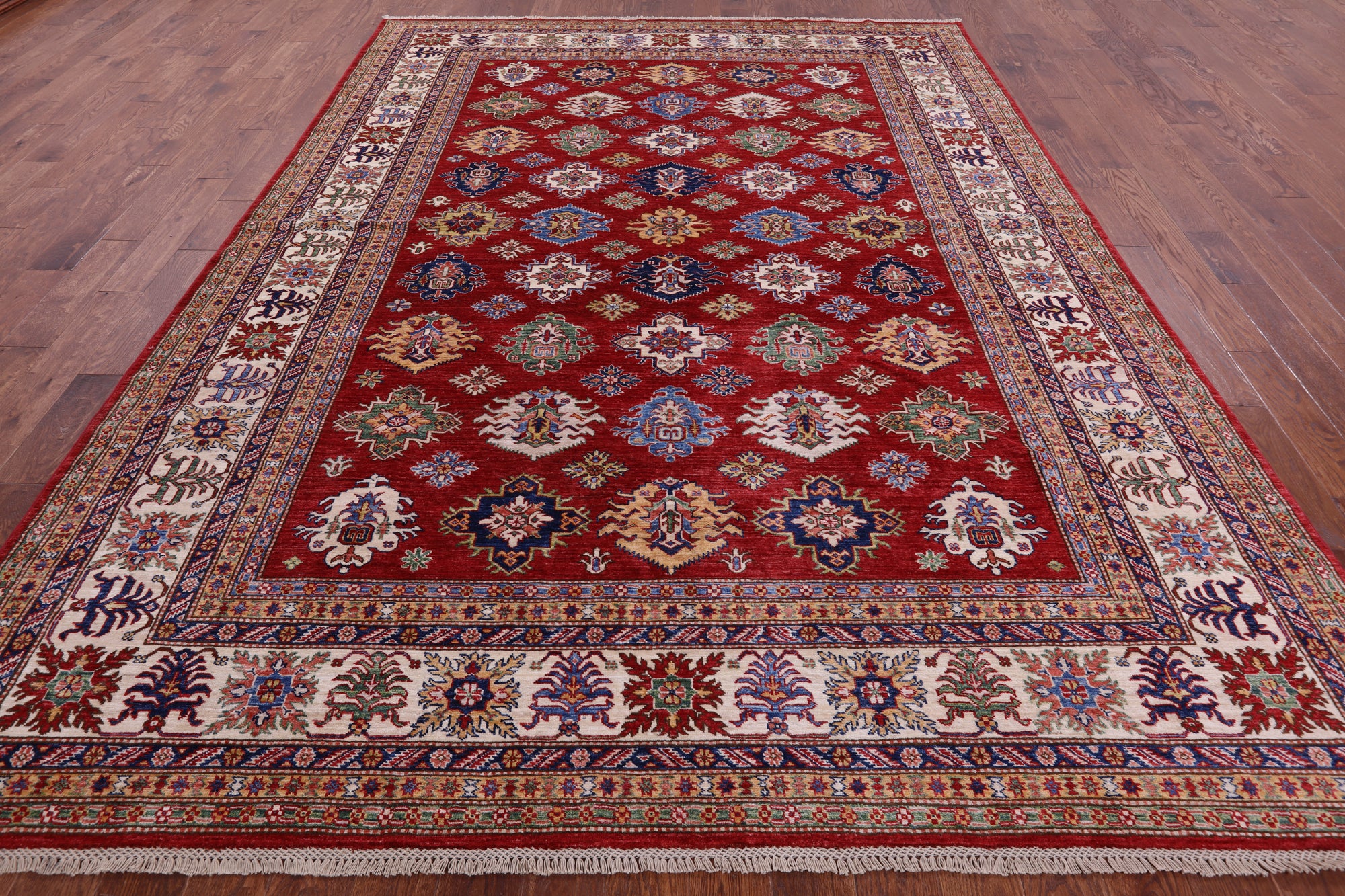 Red Super Kazak Hand Knotted Wool Rug - 8' 10" X 11' 9" - Golden Nile