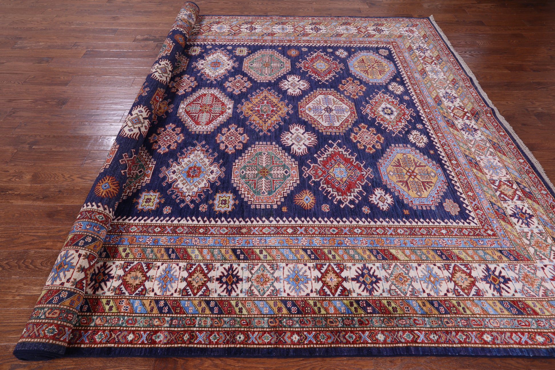 Blue Super Kazak Hand Knotted Wool Rug - 9' 5" X 12' 9" - Golden Nile