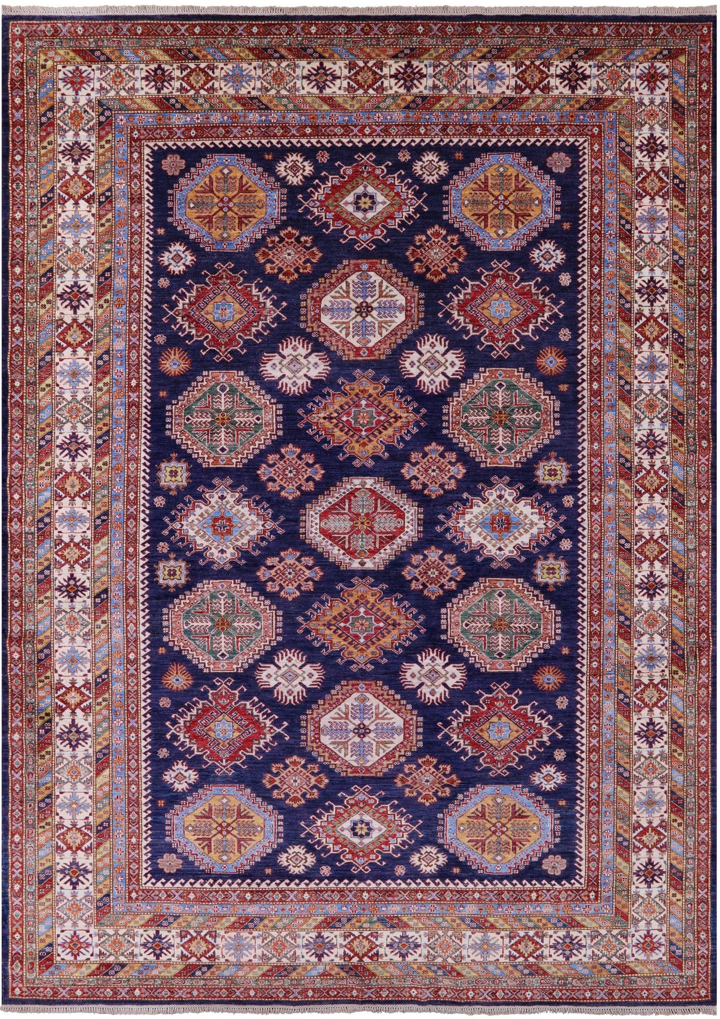 Blue Super Kazak Hand Knotted Wool Rug - 9' 5" X 12' 9" - Golden Nile