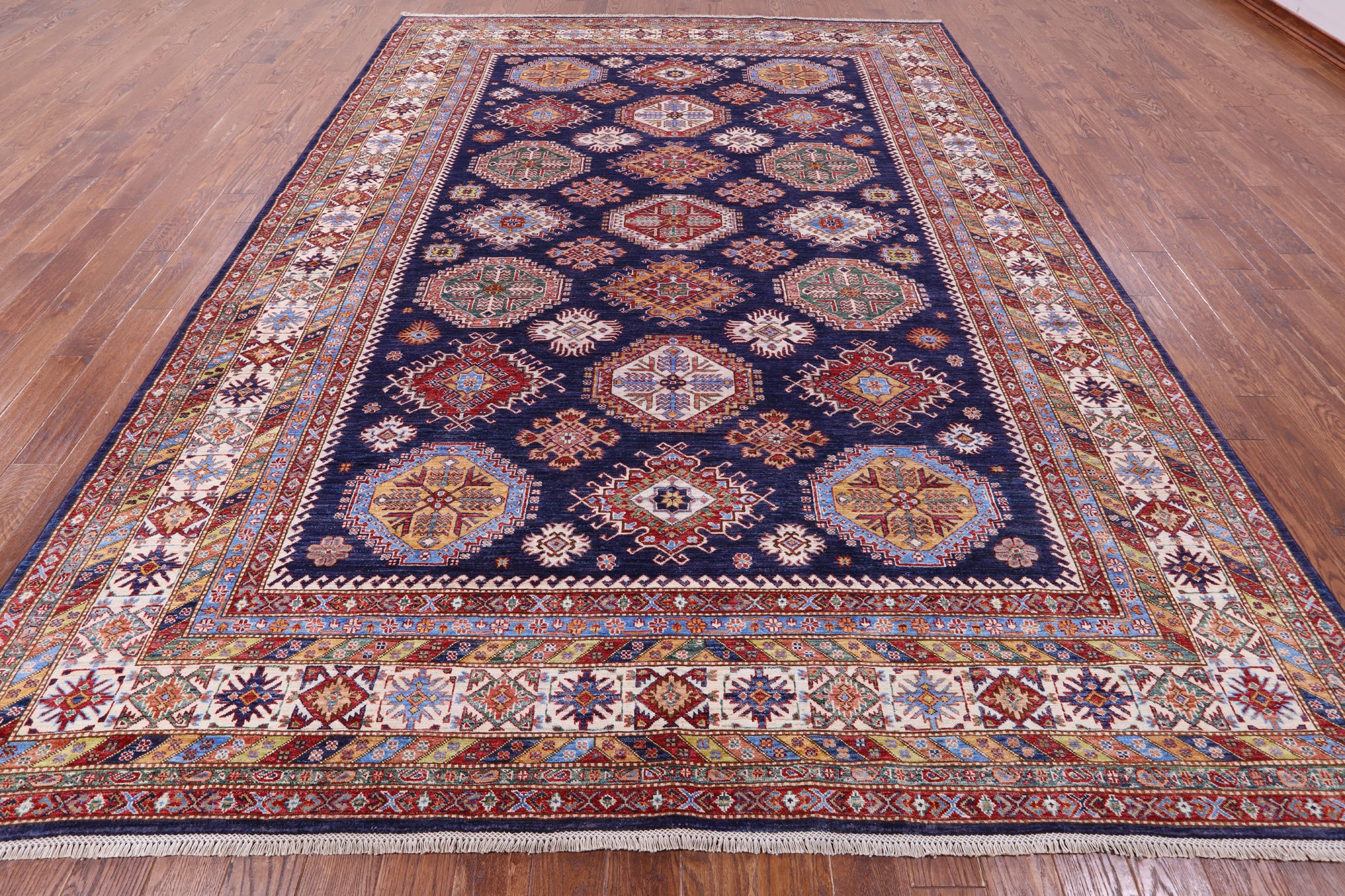 Blue Super Kazak Hand Knotted Wool Rug - 9' 5" X 12' 9" - Golden Nile