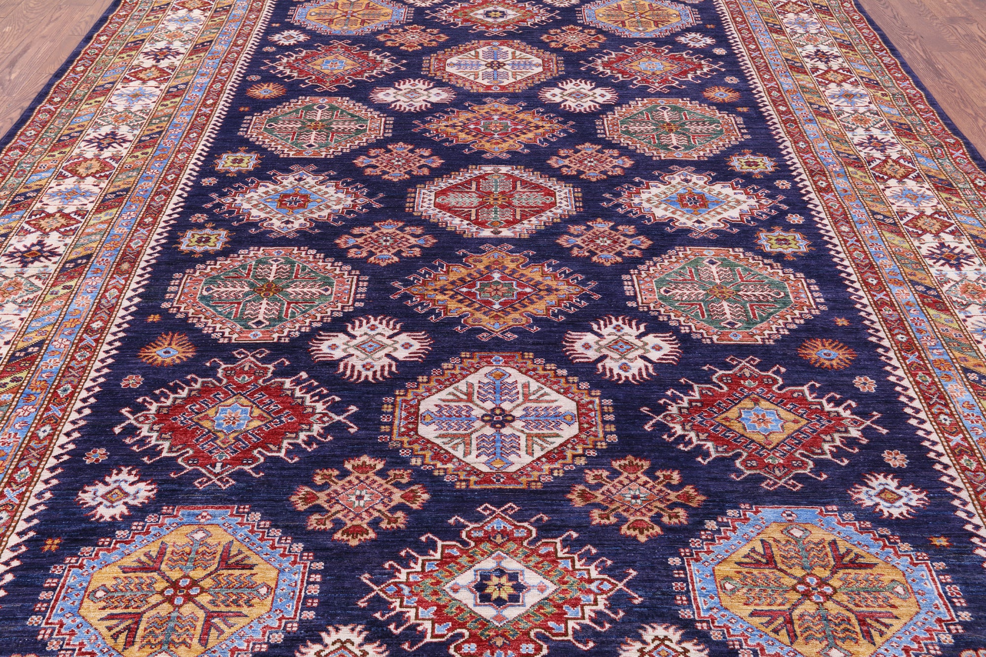 Blue Super Kazak Hand Knotted Wool Rug - 9' 5" X 12' 9" - Golden Nile
