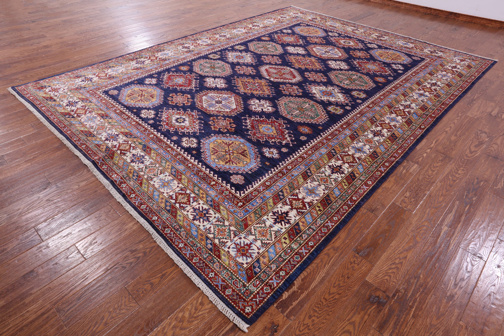 Blue Super Kazak Hand Knotted Wool Rug - 9' 5" X 12' 9" - Golden Nile