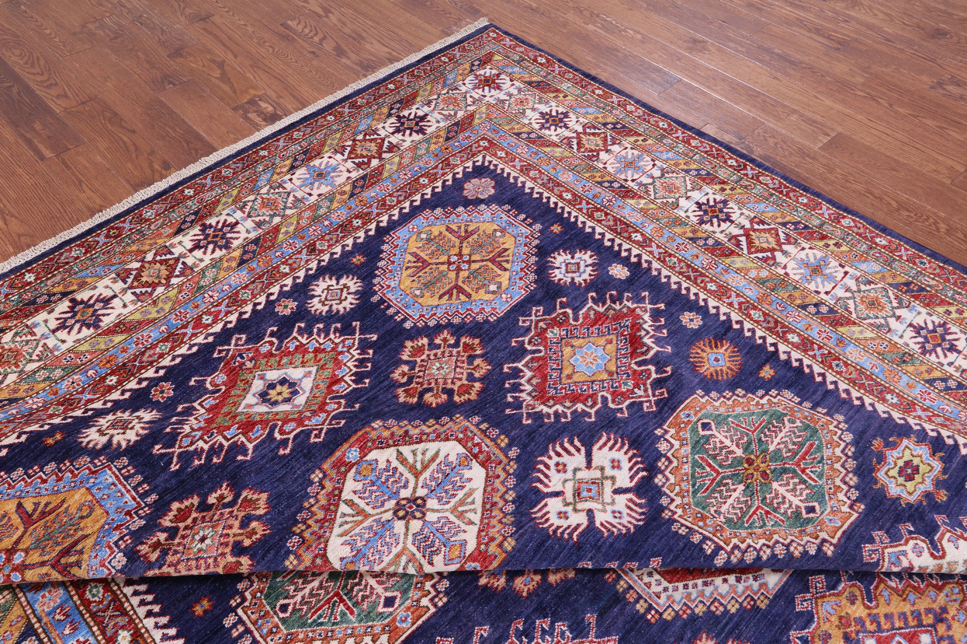 Blue Super Kazak Hand Knotted Wool Rug - 9' 5" X 12' 9" - Golden Nile