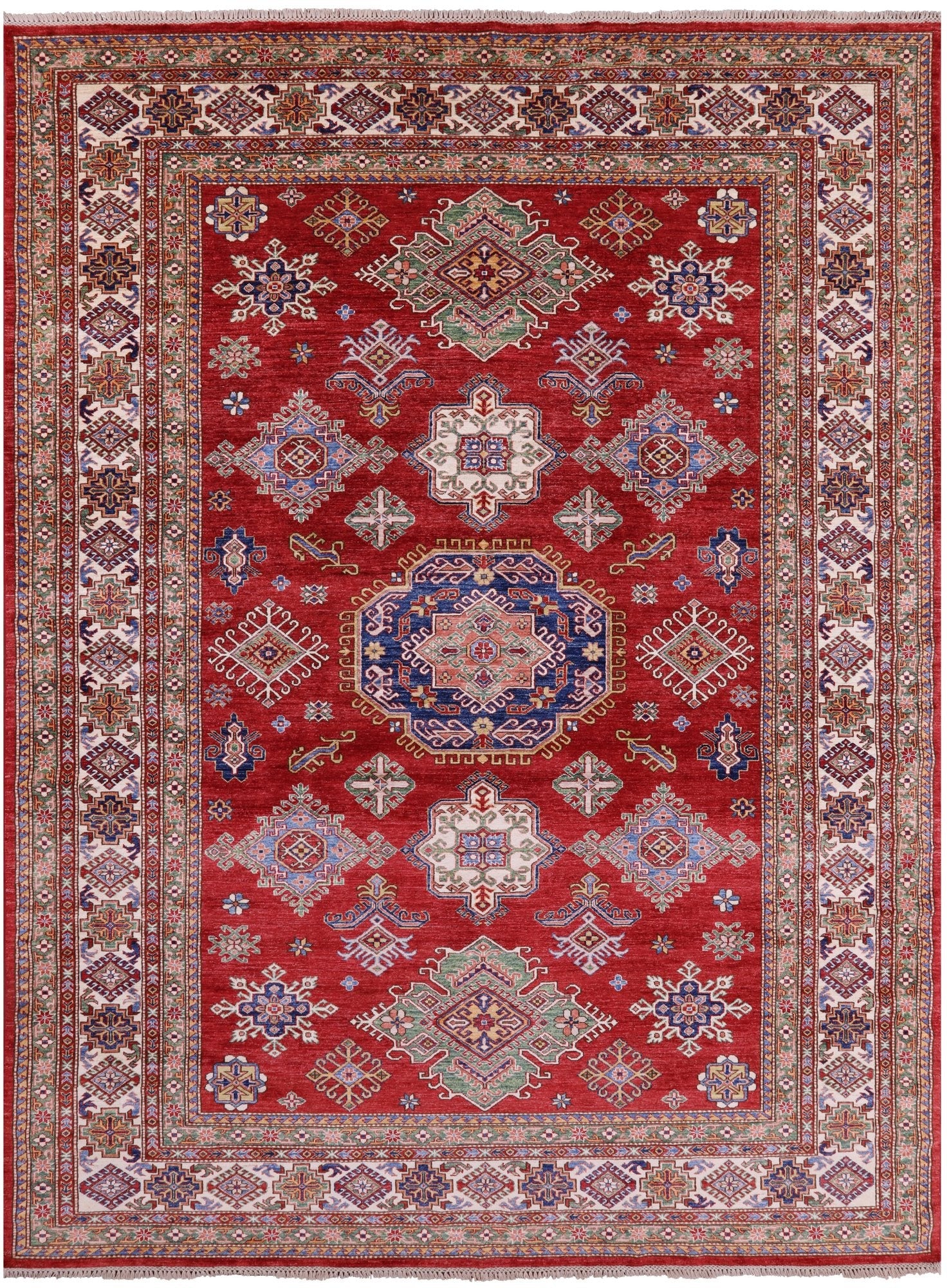 Red Super Kazak Hand Knotted Wool Rug - 9' 0" X 12' 0" - Golden Nile