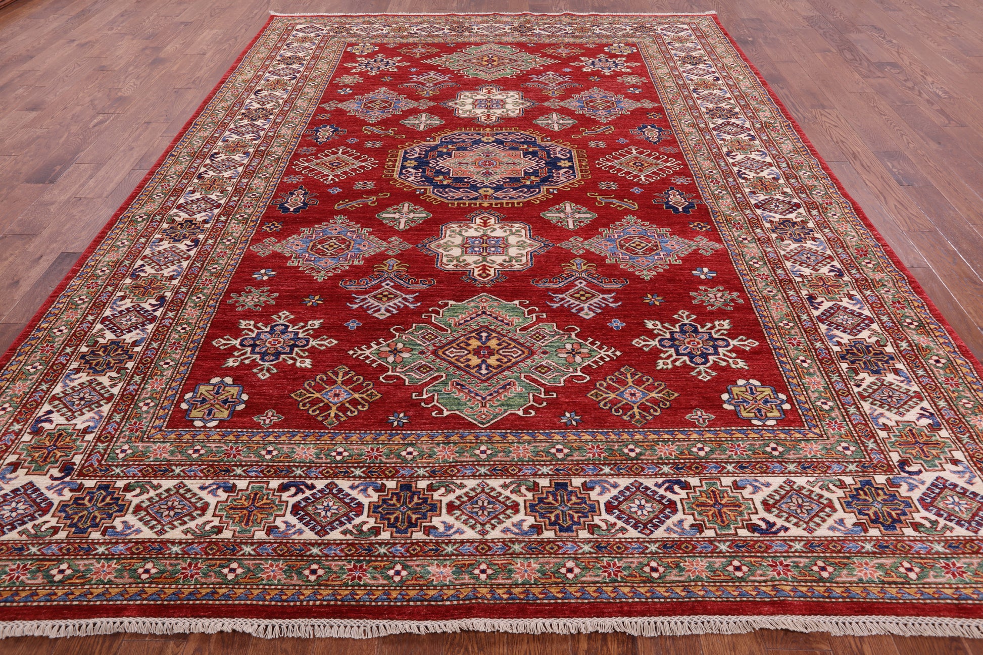 Red Super Kazak Hand Knotted Wool Rug - 9' 0" X 12' 0" - Golden Nile