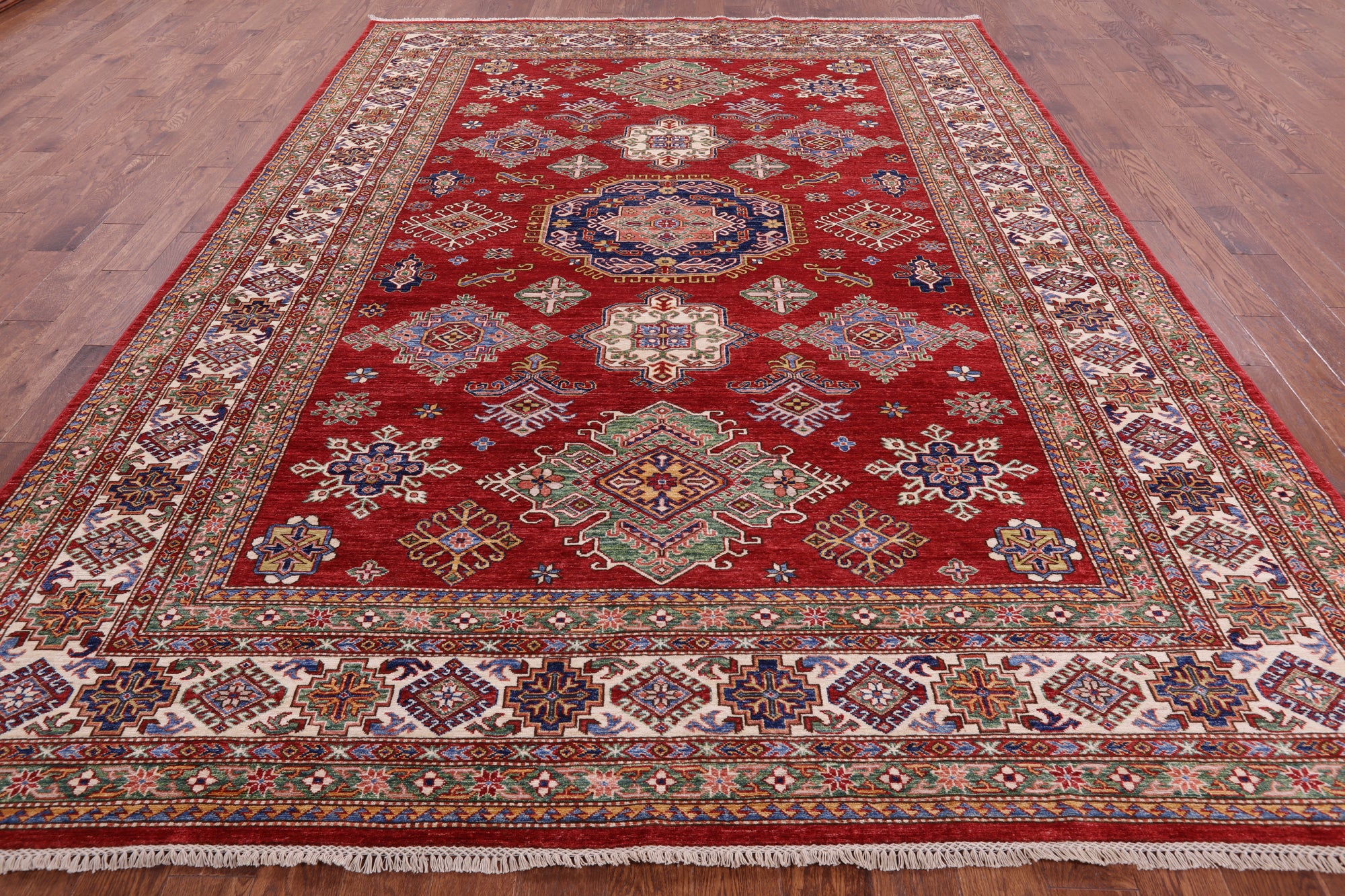 Red Super Kazak Hand Knotted Wool Rug - 9' 0" X 12' 0" - Golden Nile