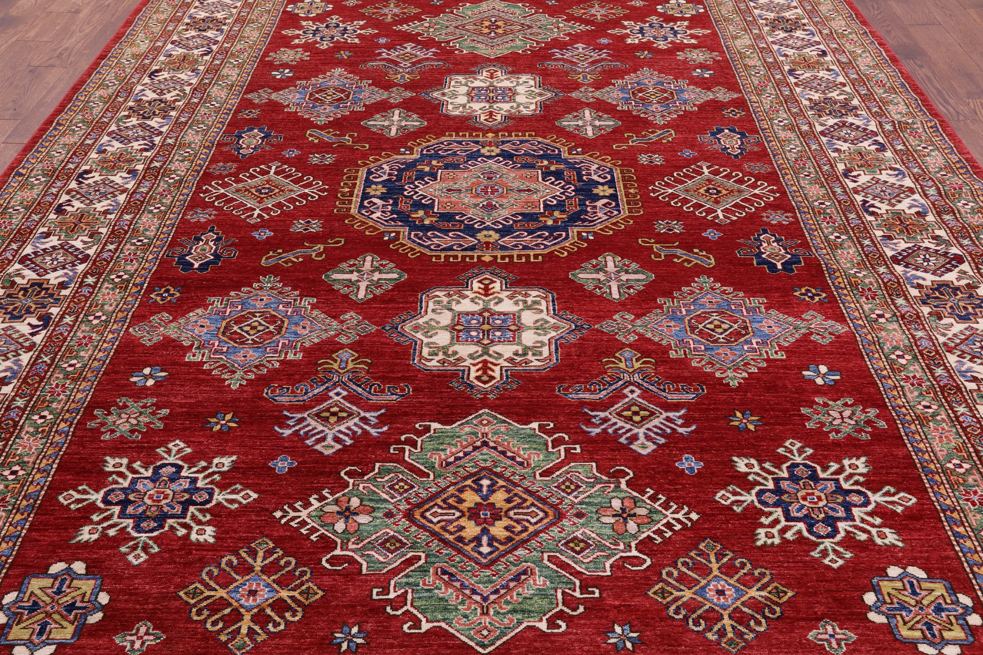Red Super Kazak Hand Knotted Wool Rug - 9' 0" X 12' 0" - Golden Nile
