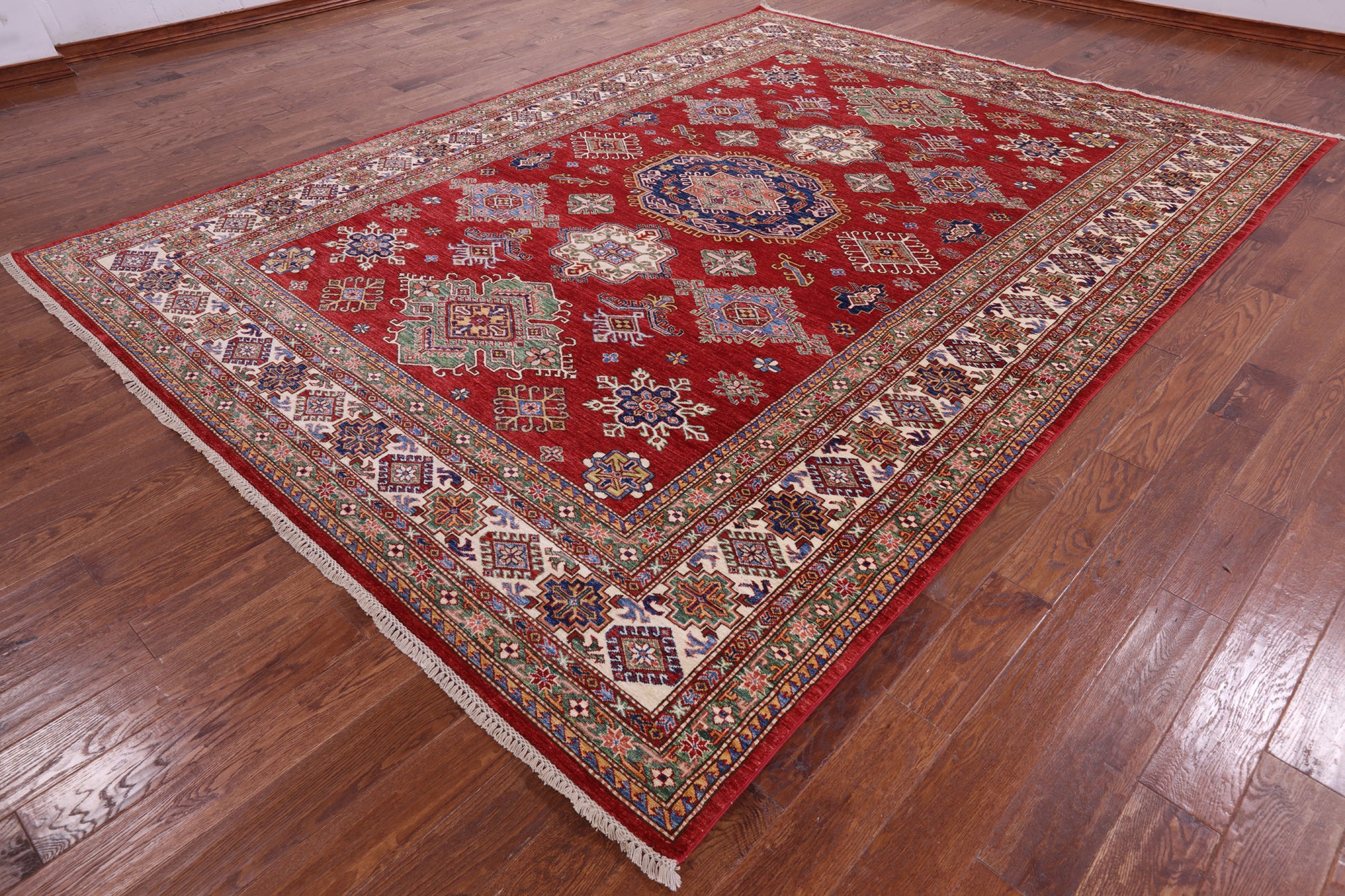 Red Super Kazak Hand Knotted Wool Rug - 9' 0" X 12' 0" - Golden Nile