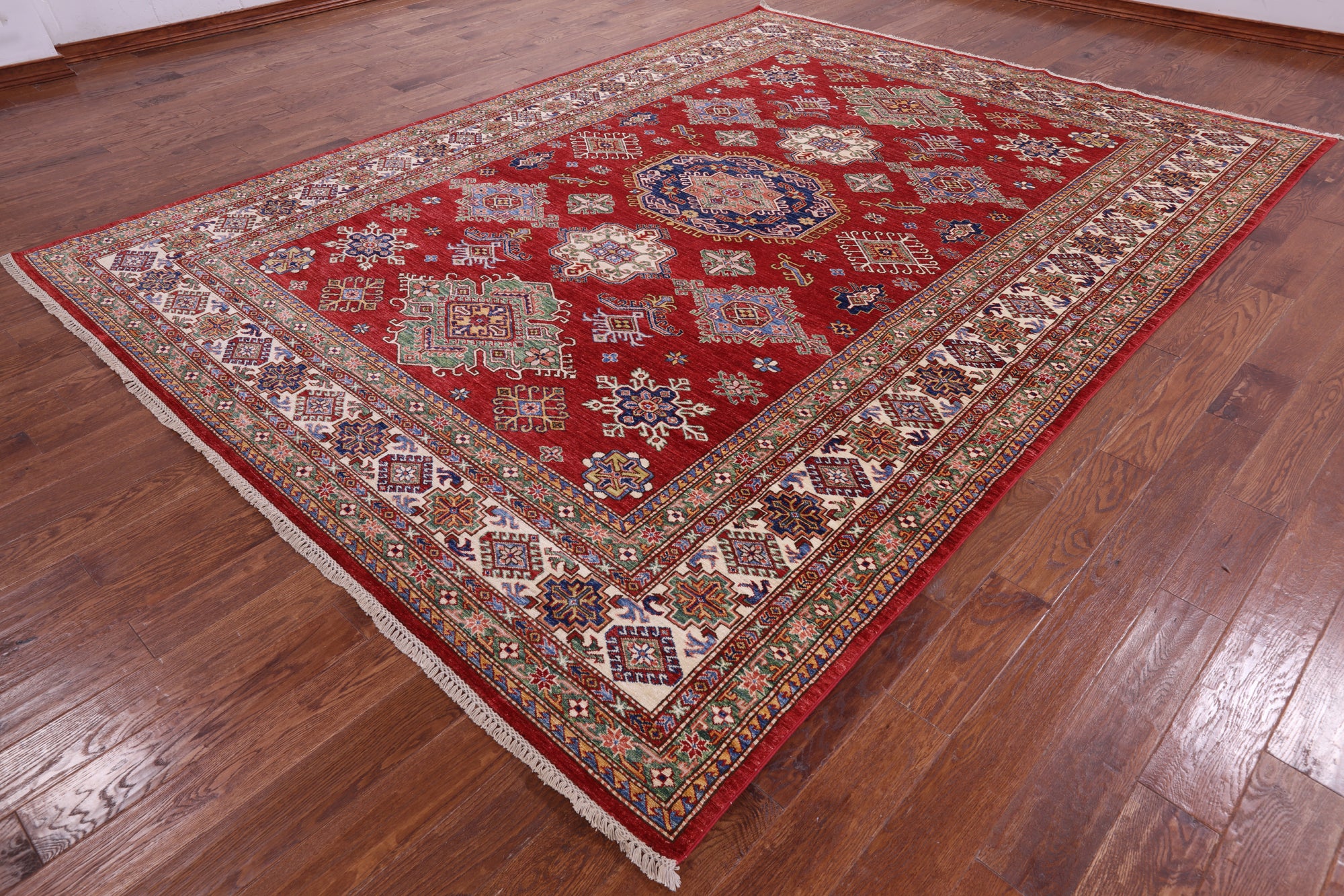 Red Super Kazak Hand Knotted Wool Rug - 9' 0" X 12' 0" - Golden Nile