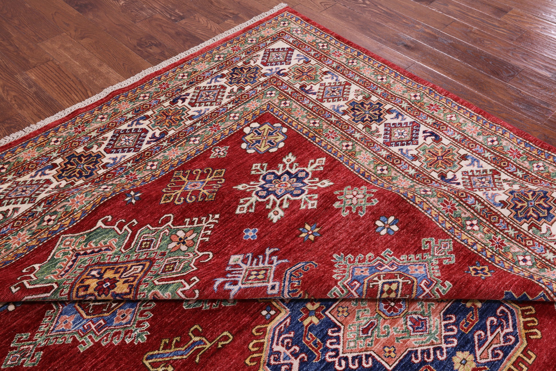 Red Super Kazak Hand Knotted Wool Rug - 9' 0" X 12' 0" - Golden Nile