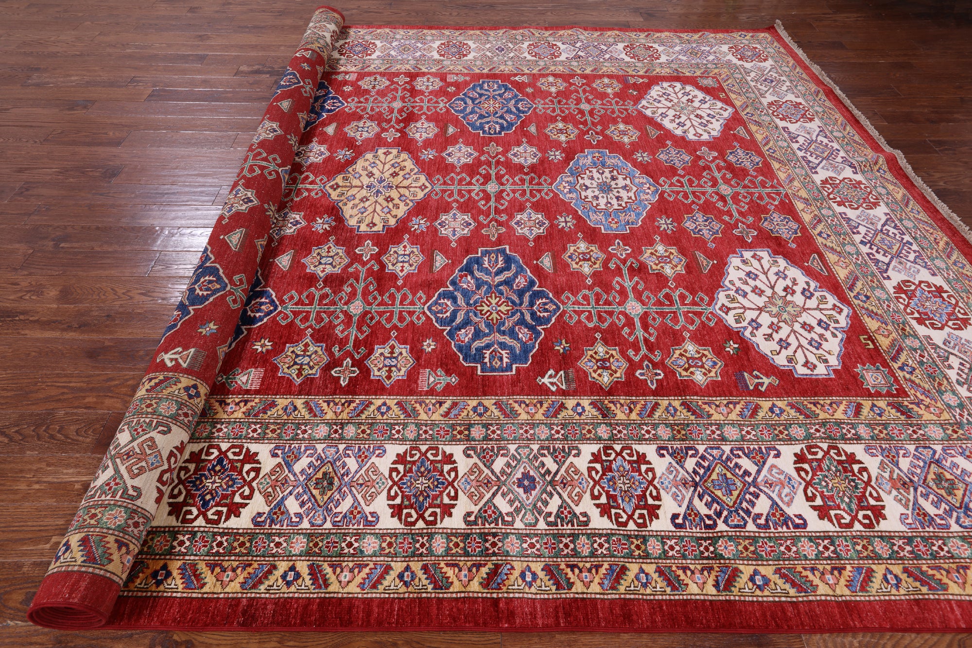 Red Super Kazak Hand Knotted Wool Rug - 10' 2" X 14' 4" - Golden Nile