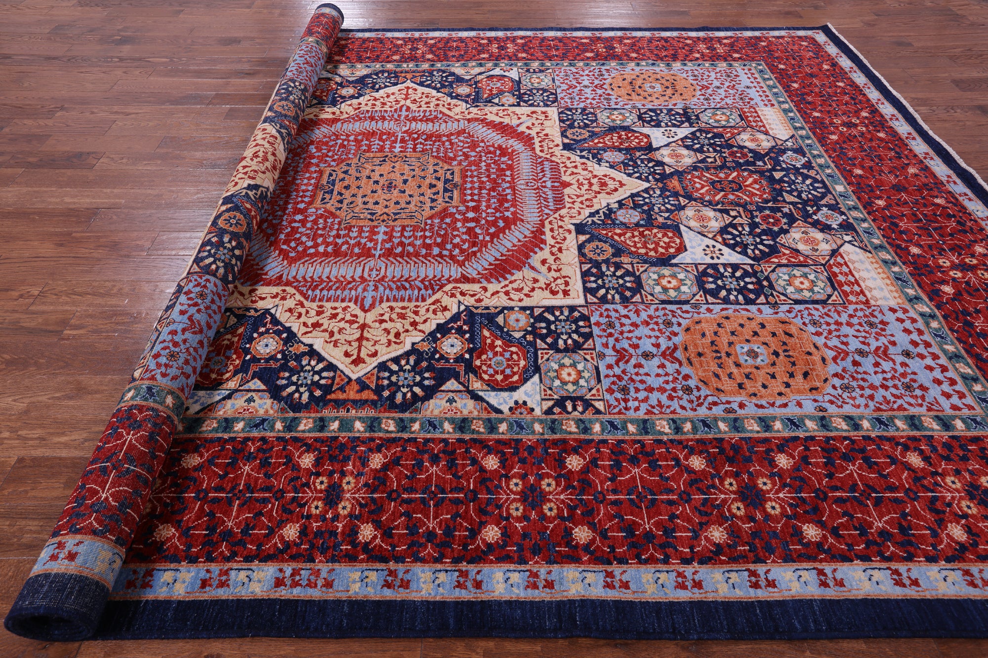 Blue Geometric Persian Mamluk Hand Knotted Wool Rug - 10' 1" X 13' 9" - Golden Nile