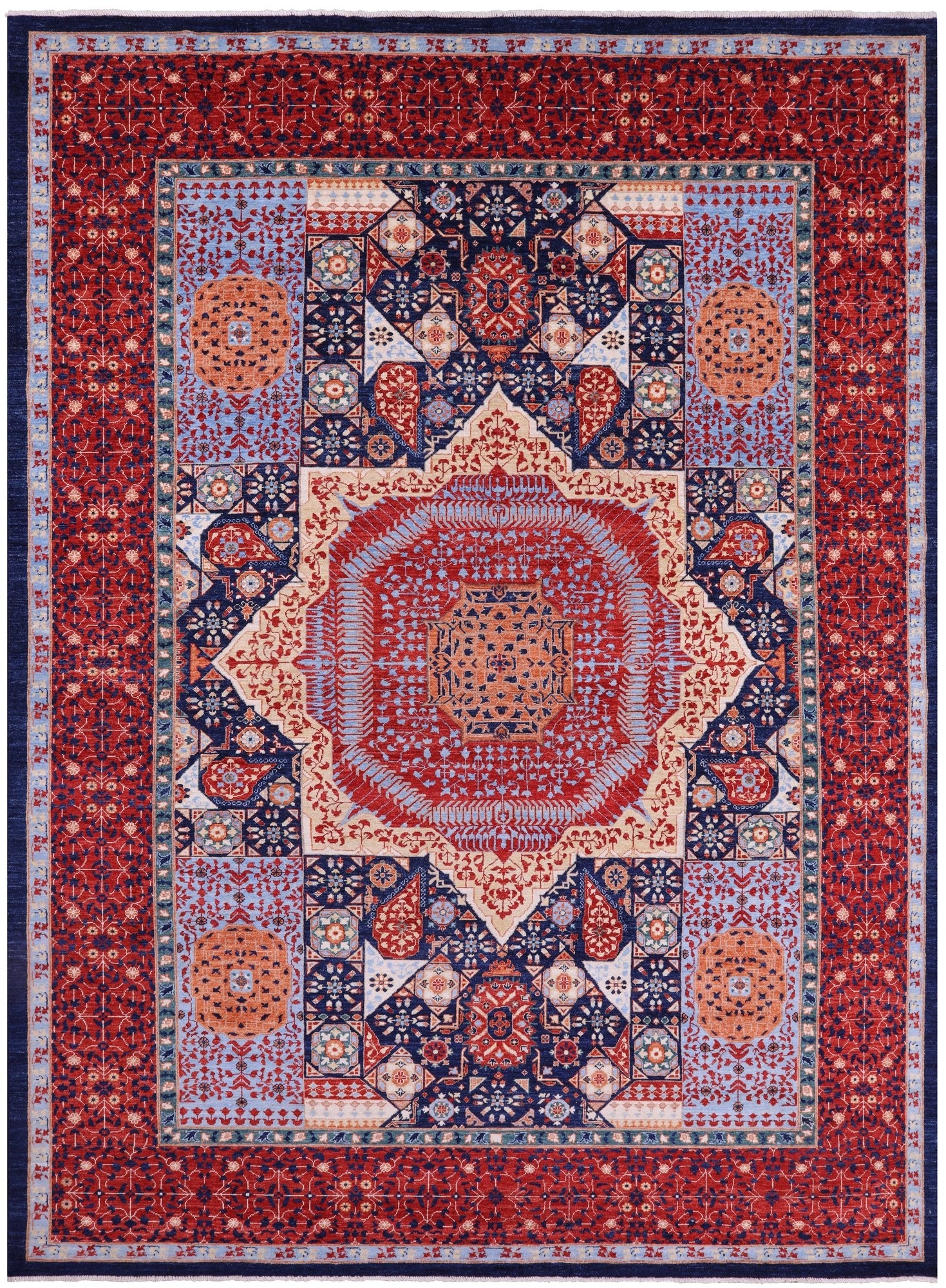 Blue Geometric Persian Mamluk Hand Knotted Wool Rug - 10' 1" X 13' 9" - Golden Nile