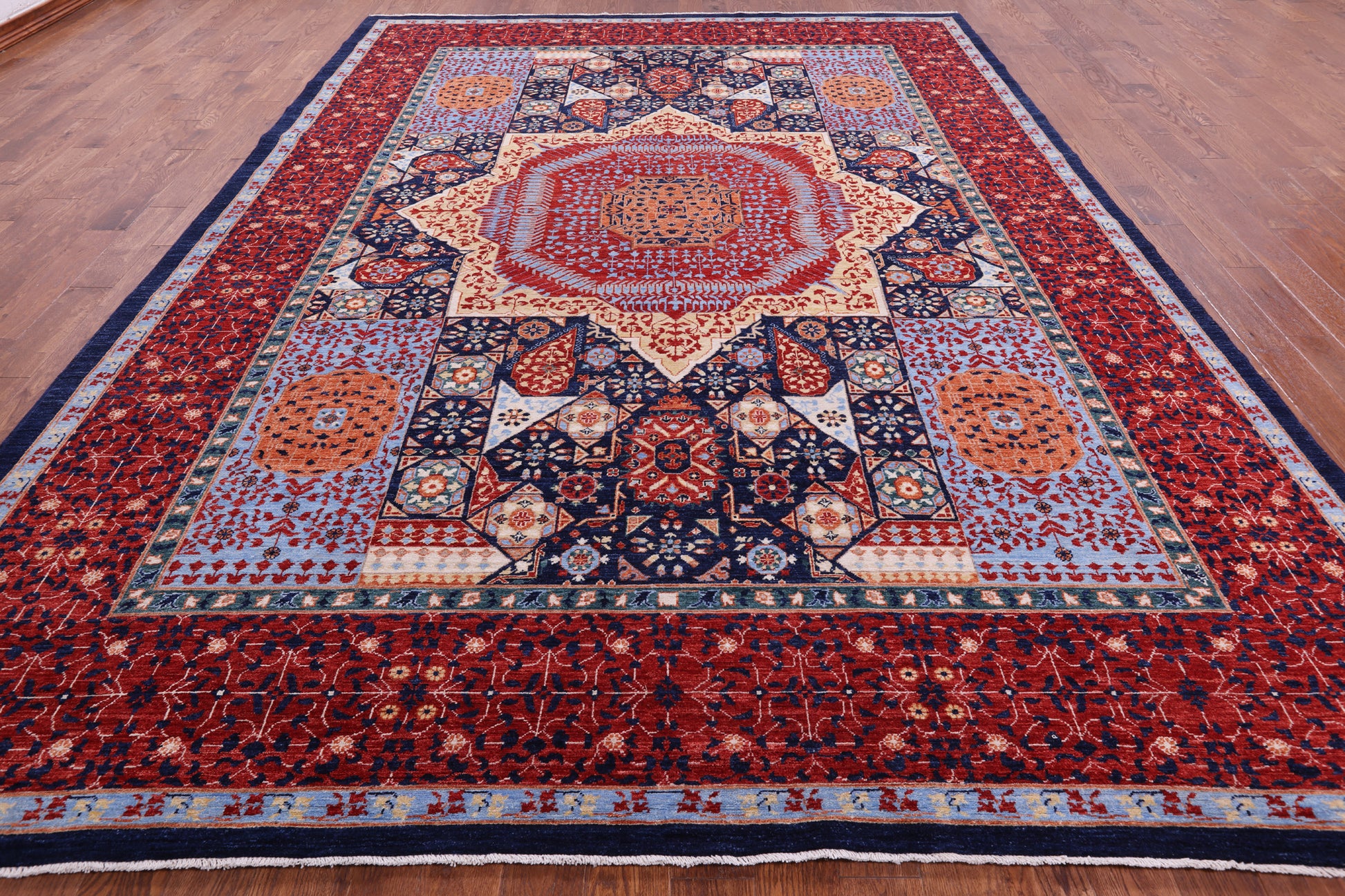 Blue Geometric Persian Mamluk Hand Knotted Wool Rug - 10' 1" X 13' 9" - Golden Nile
