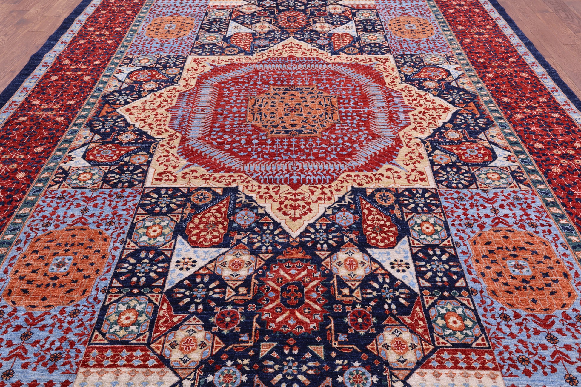 Blue Geometric Persian Mamluk Hand Knotted Wool Rug - 10' 1" X 13' 9" - Golden Nile