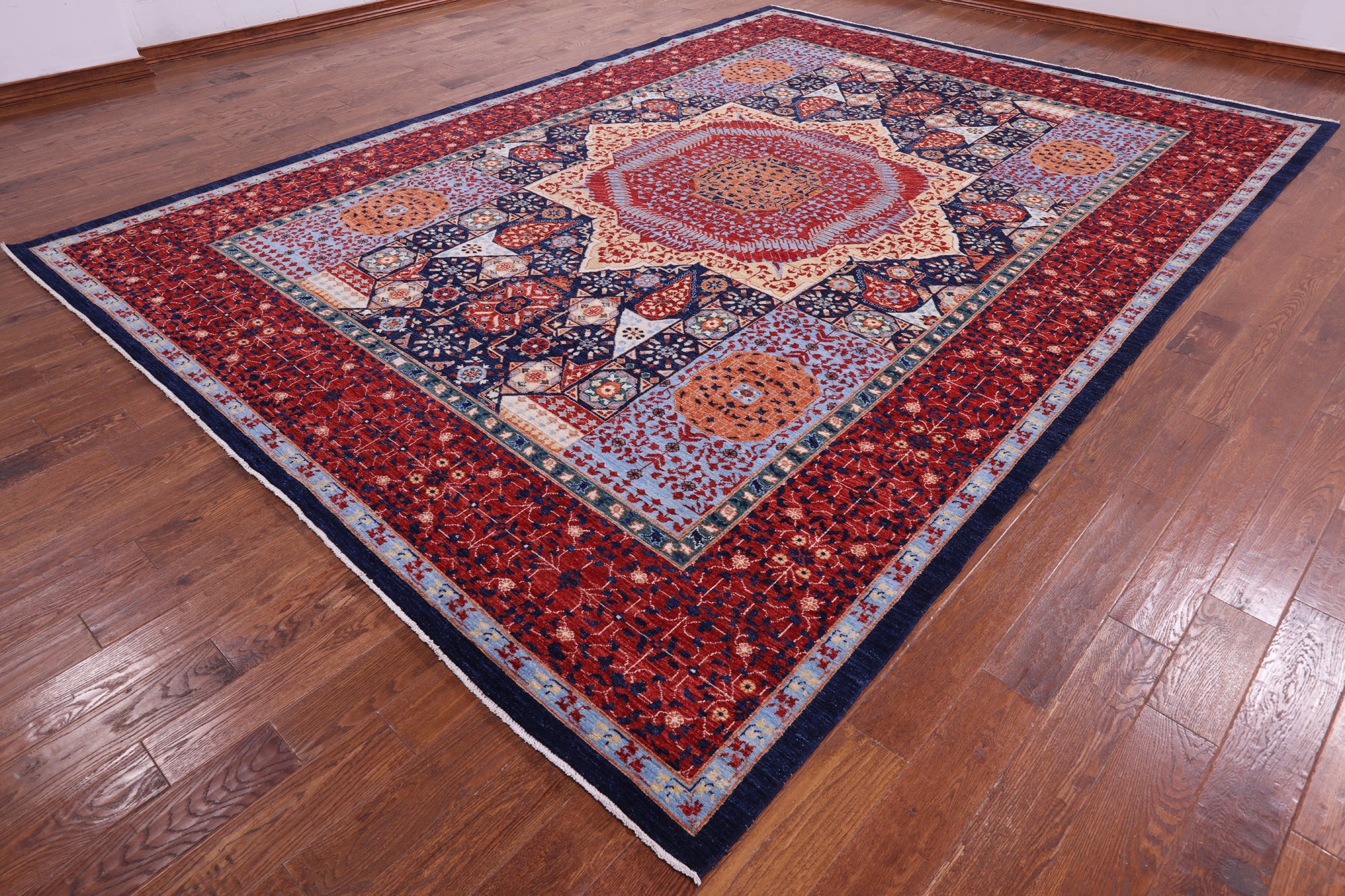 Blue Geometric Persian Mamluk Hand Knotted Wool Rug - 10' 1" X 13' 9" - Golden Nile
