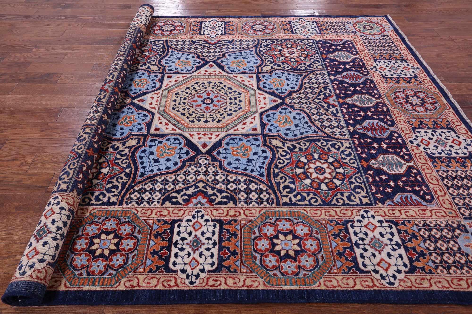 Blue Geometric Persian Mamluk Hand Knotted Wool Rug - 7' 10" X 9' 7" - Golden Nile