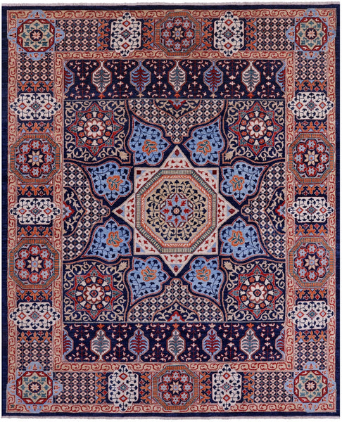 Blue Geometric Persian Mamluk Hand Knotted Wool Rug - 7' 10" X 9' 7" - Golden Nile