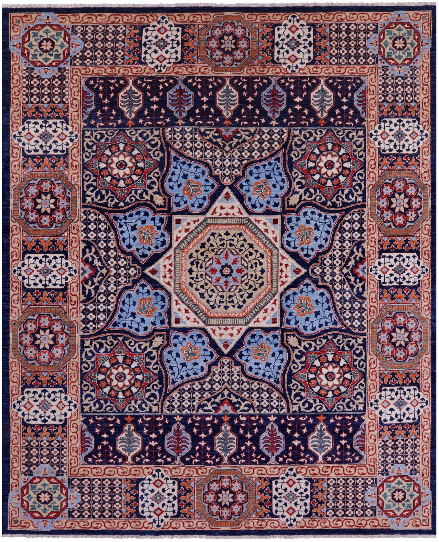 Blue Geometric Persian Mamluk Hand Knotted Wool Rug - 7' 10" X 9' 7" - Golden Nile