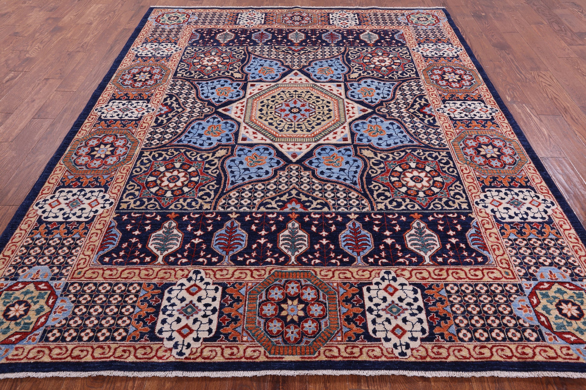 Blue Geometric Persian Mamluk Hand Knotted Wool Rug - 7' 10" X 9' 7" - Golden Nile