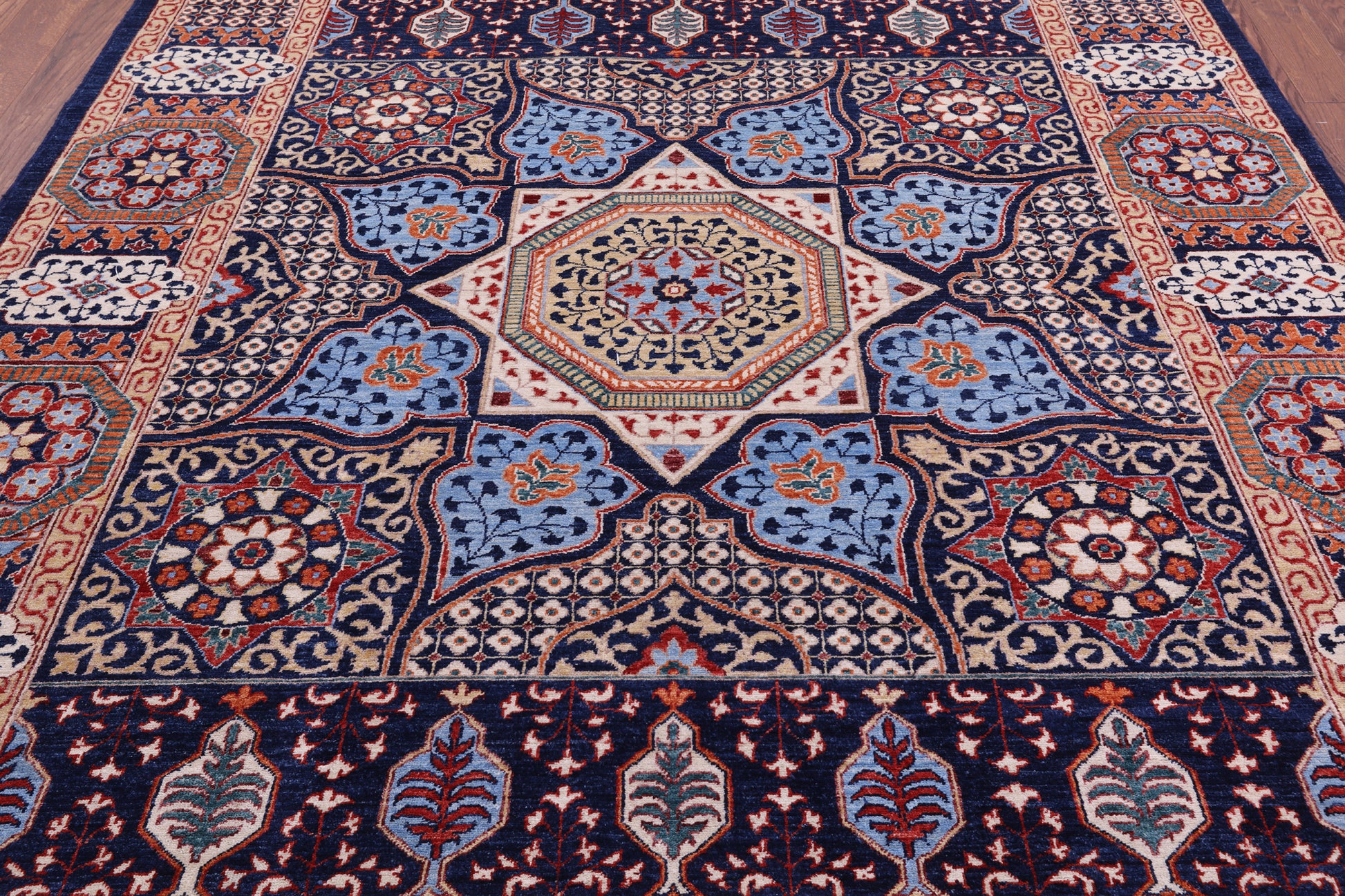 Blue Geometric Persian Mamluk Hand Knotted Wool Rug - 7' 10" X 9' 7" - Golden Nile