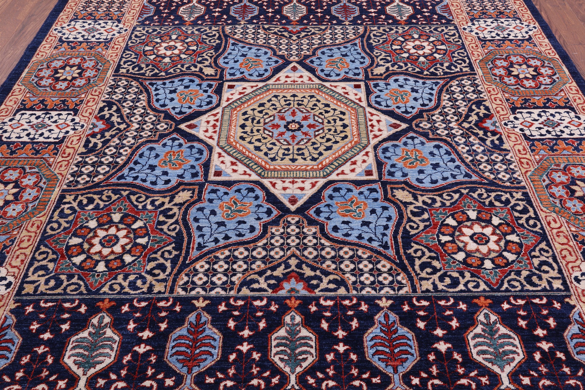 Blue Geometric Persian Mamluk Hand Knotted Wool Rug - 7' 10" X 9' 7" - Golden Nile