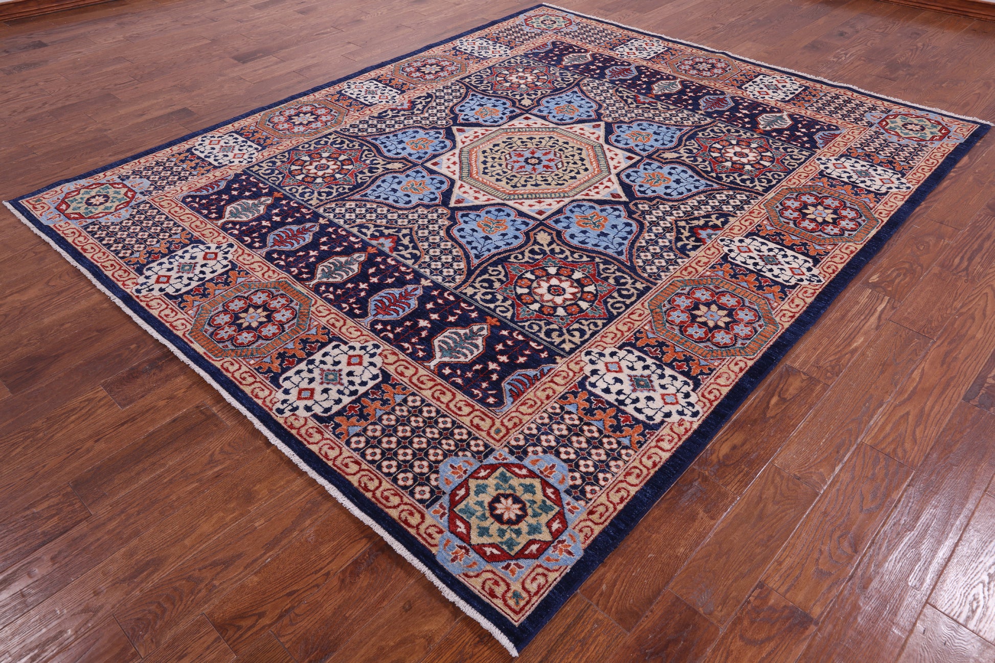 Blue Geometric Persian Mamluk Hand Knotted Wool Rug - 7' 10" X 9' 7" - Golden Nile