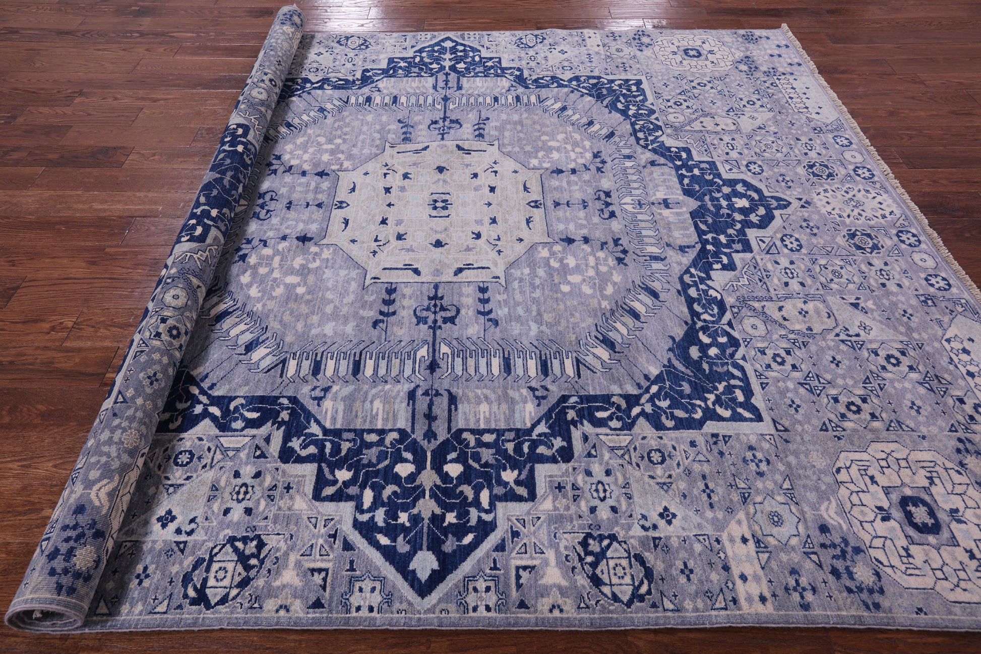 Blue Geometric Persian Mamluk Hand Knotted Wool Rug - 8' 0" X 9' 3" - Golden Nile