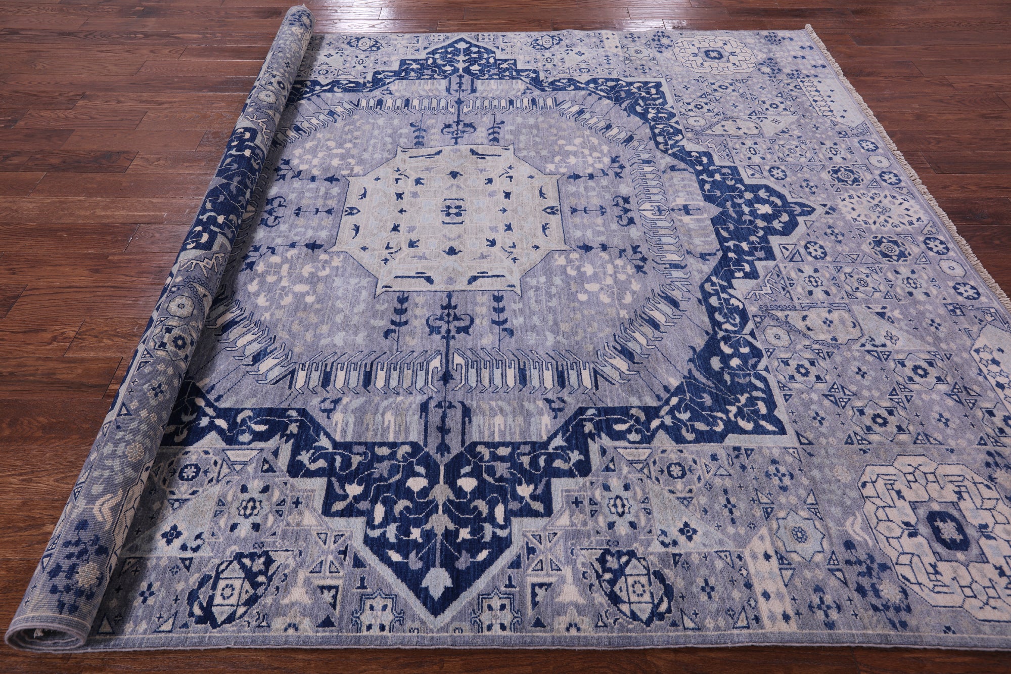 Blue Geometric Persian Mamluk Hand Knotted Wool Rug - 8' 0" X 9' 3" - Golden Nile