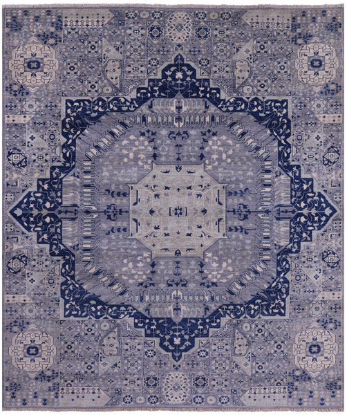 Blue Geometric Persian Mamluk Hand Knotted Wool Rug - 8' 0" X 9' 3" - Golden Nile