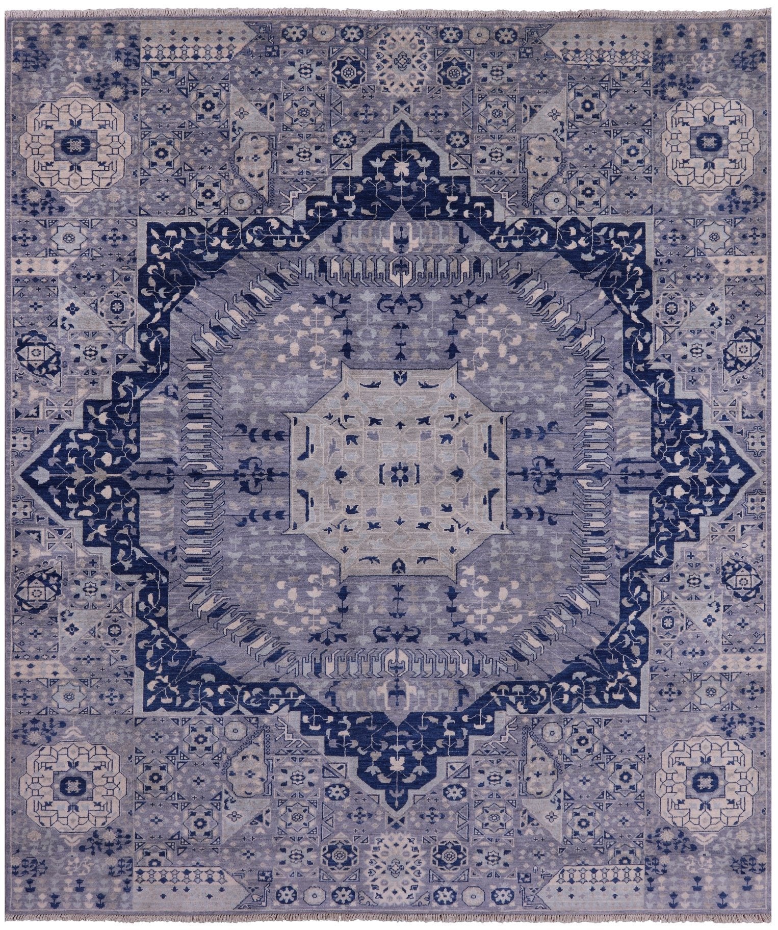 Blue Geometric Persian Mamluk Hand Knotted Wool Rug - 8' 0" X 9' 3" - Golden Nile