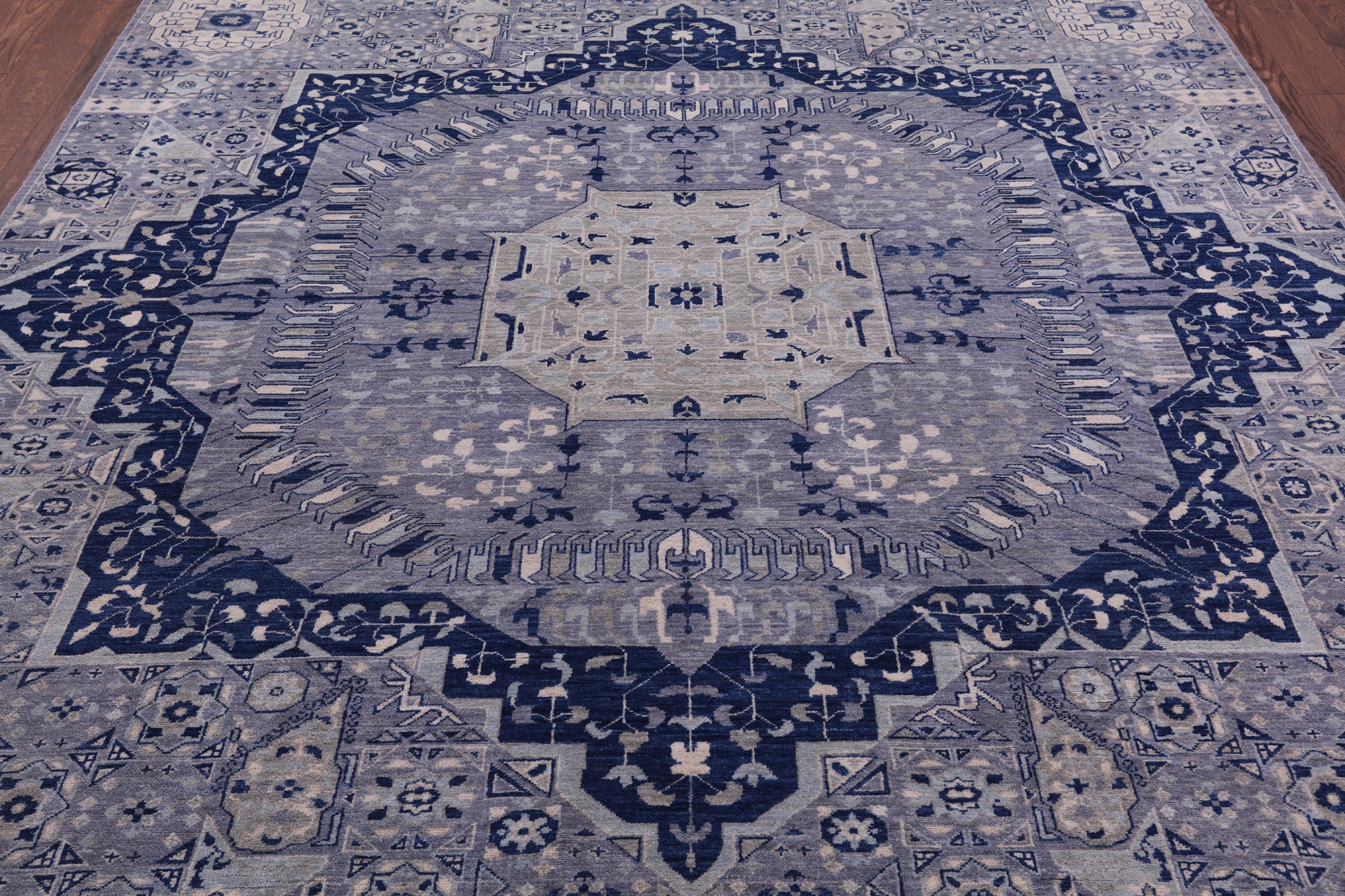 Blue Geometric Persian Mamluk Hand Knotted Wool Rug - 8' 0" X 9' 3" - Golden Nile