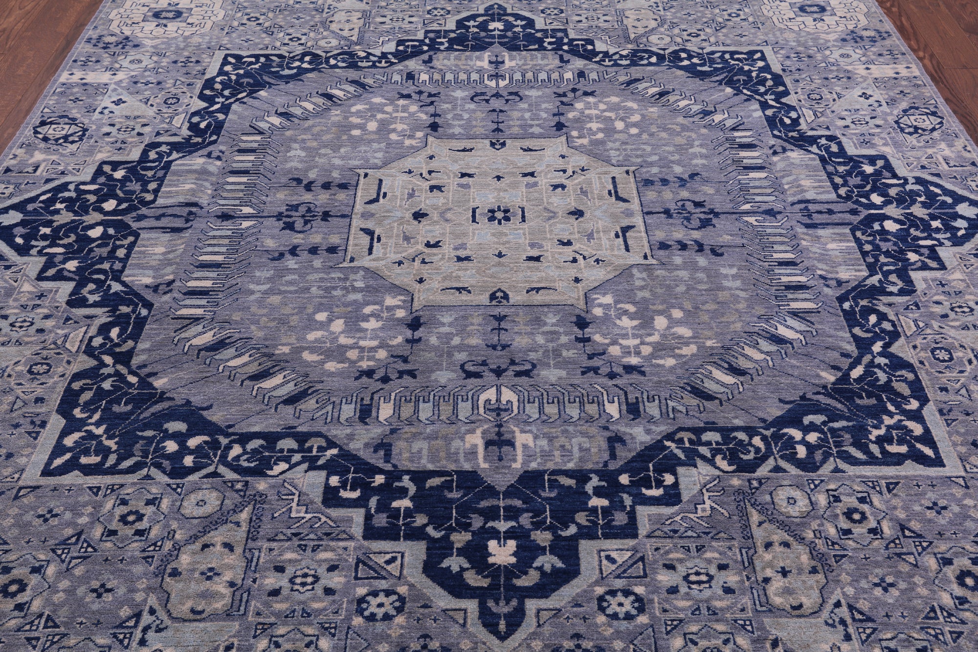 Blue Geometric Persian Mamluk Hand Knotted Wool Rug - 8' 0" X 9' 3" - Golden Nile
