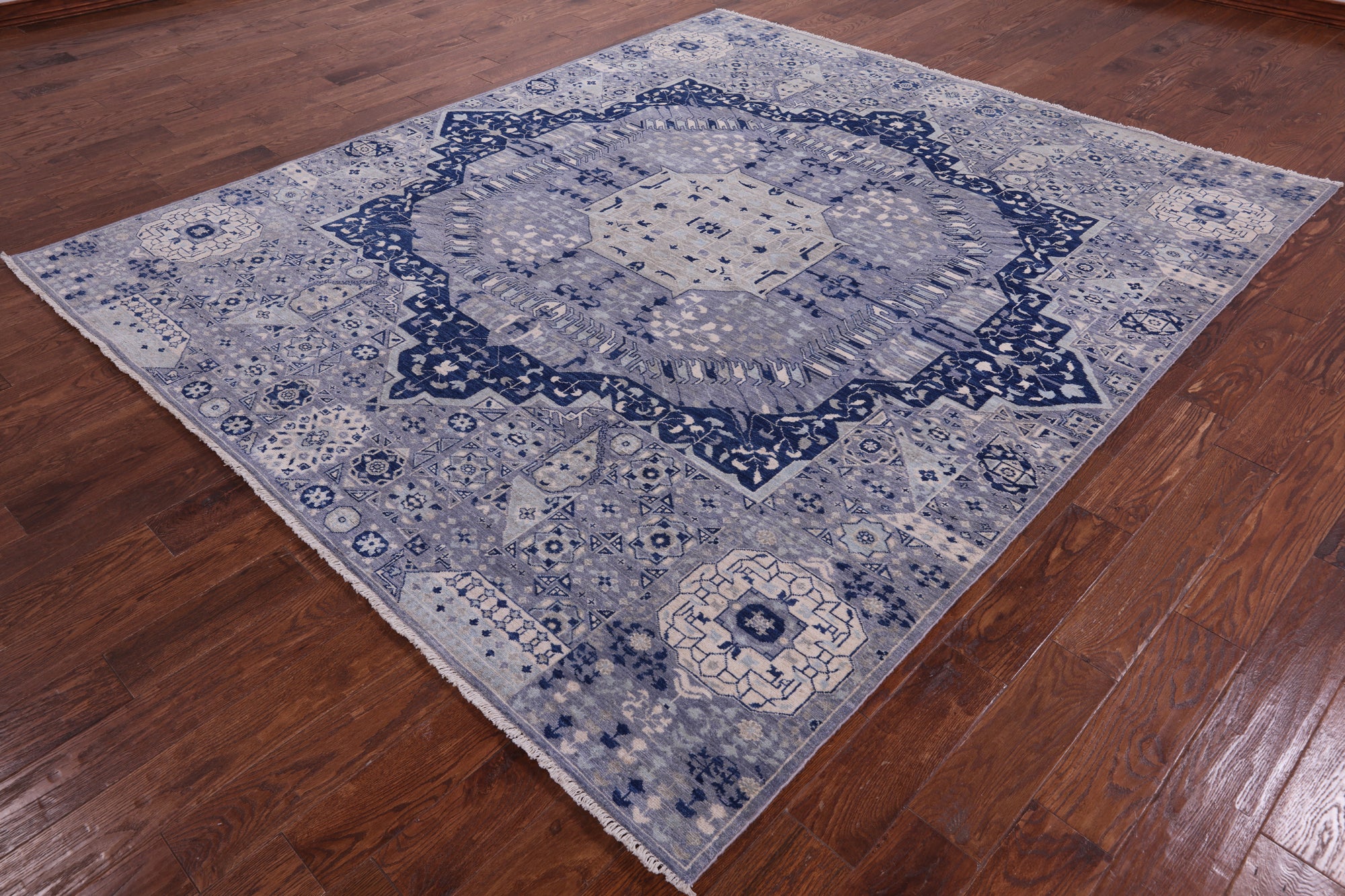 Blue Geometric Persian Mamluk Hand Knotted Wool Rug - 8' 0" X 9' 3" - Golden Nile