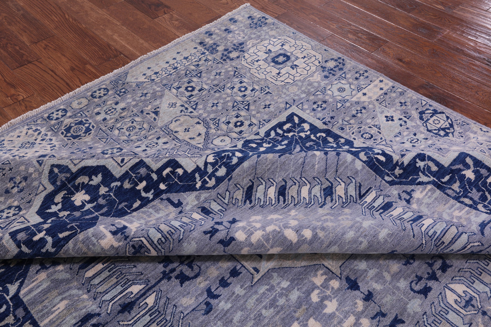 Blue Geometric Persian Mamluk Hand Knotted Wool Rug - 8' 0" X 9' 3" - Golden Nile