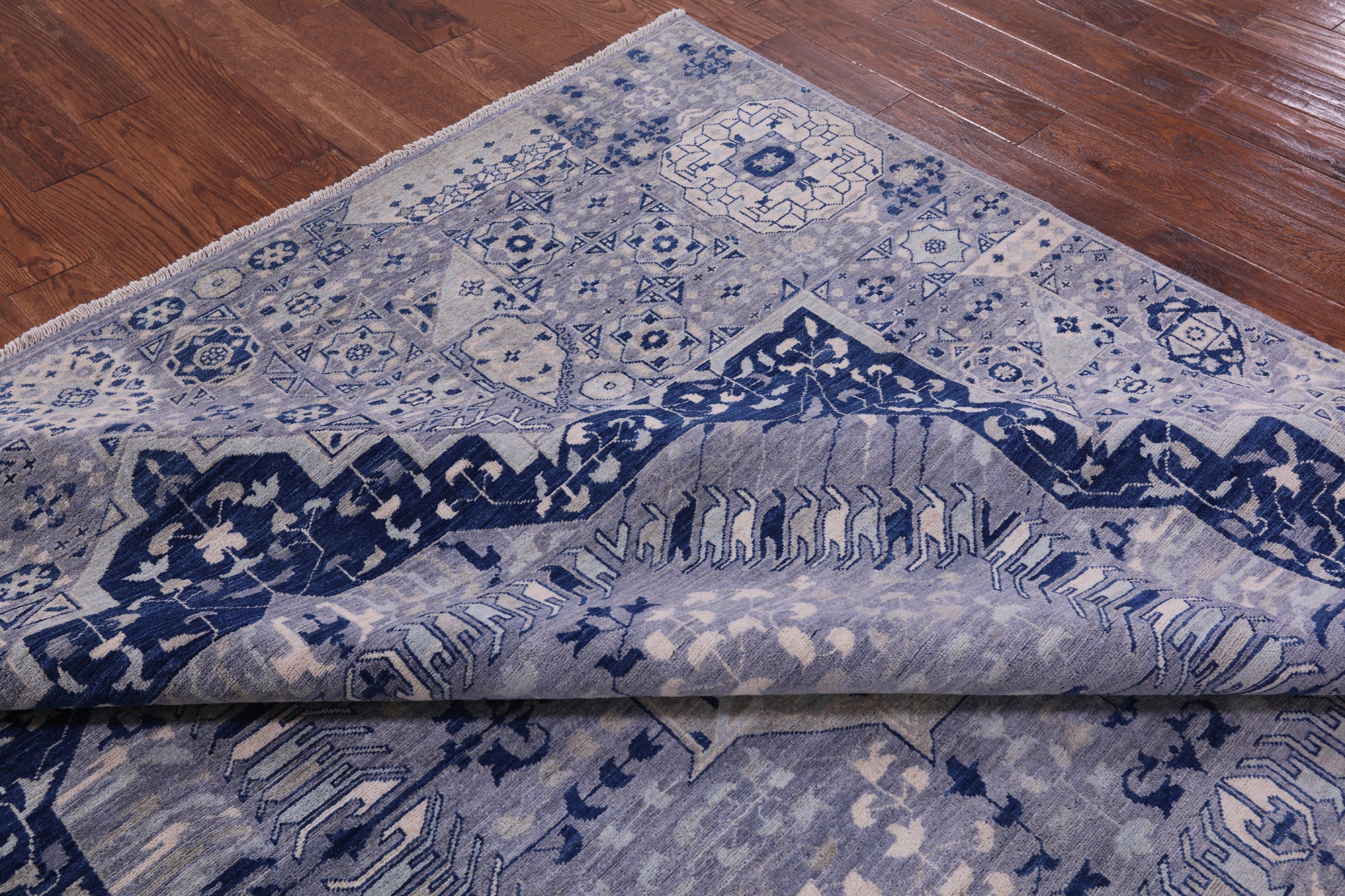 Blue Geometric Persian Mamluk Hand Knotted Wool Rug - 8' 0" X 9' 3" - Golden Nile