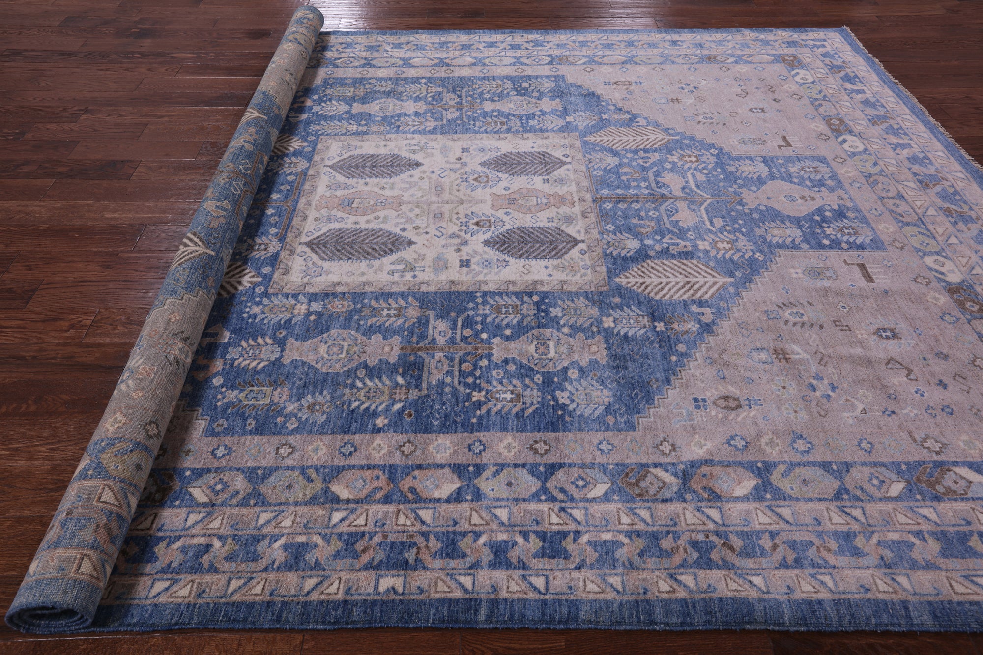 Blue Persian Fine Serapi Hand Knotted Wool Rug - 9' 1" X 11' 10" - Golden Nile