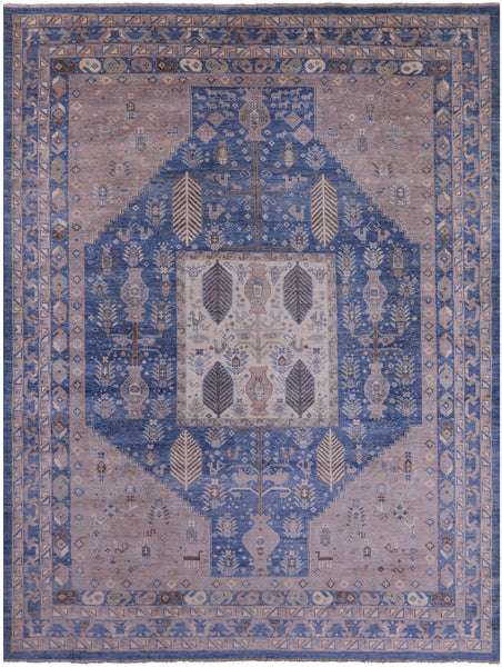 Blue Persian Fine Serapi Hand Knotted Wool Rug - 9' 1" X 11' 10" - Golden Nile