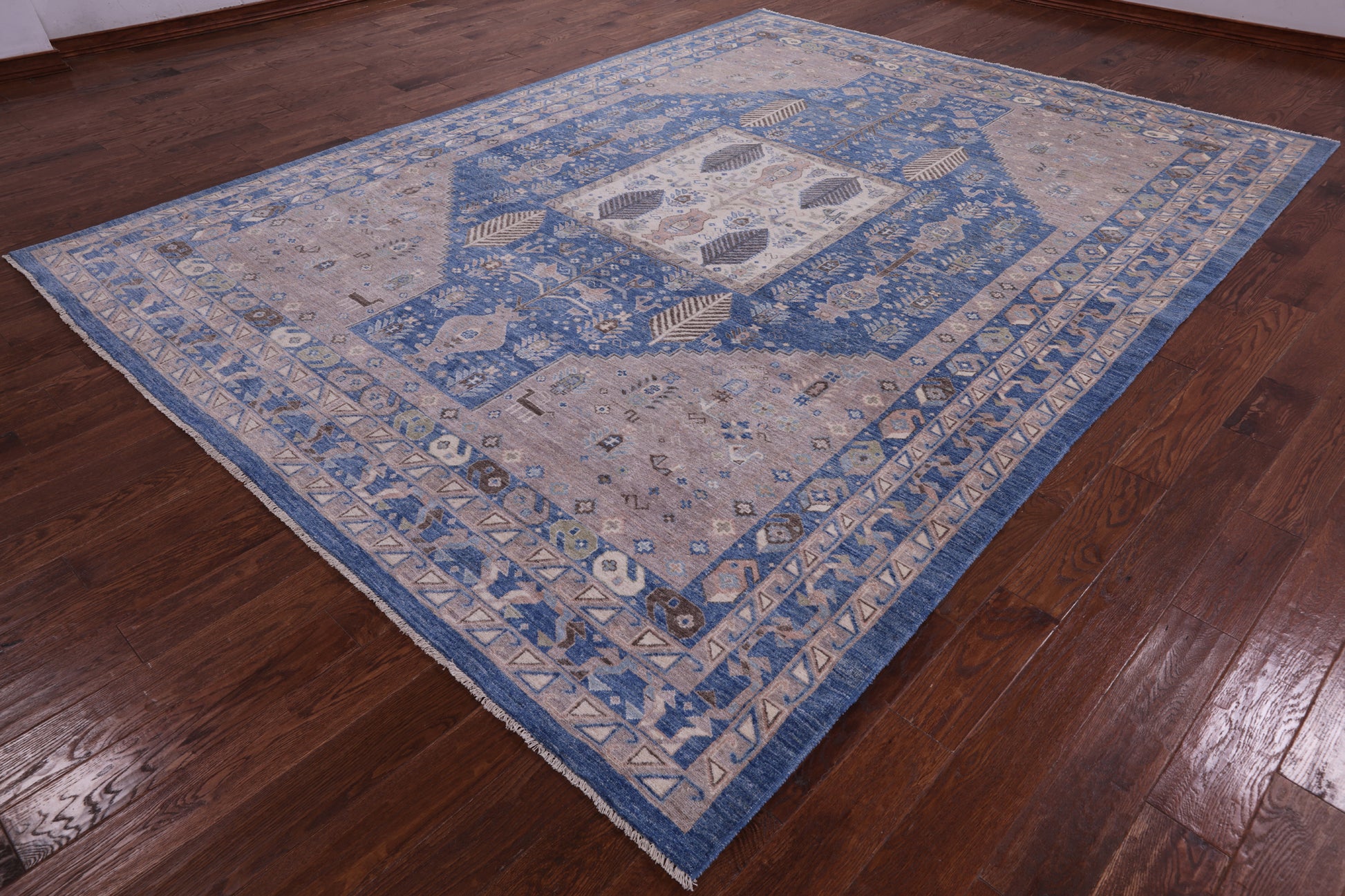Blue Persian Fine Serapi Hand Knotted Wool Rug - 9' 1" X 11' 10" - Golden Nile