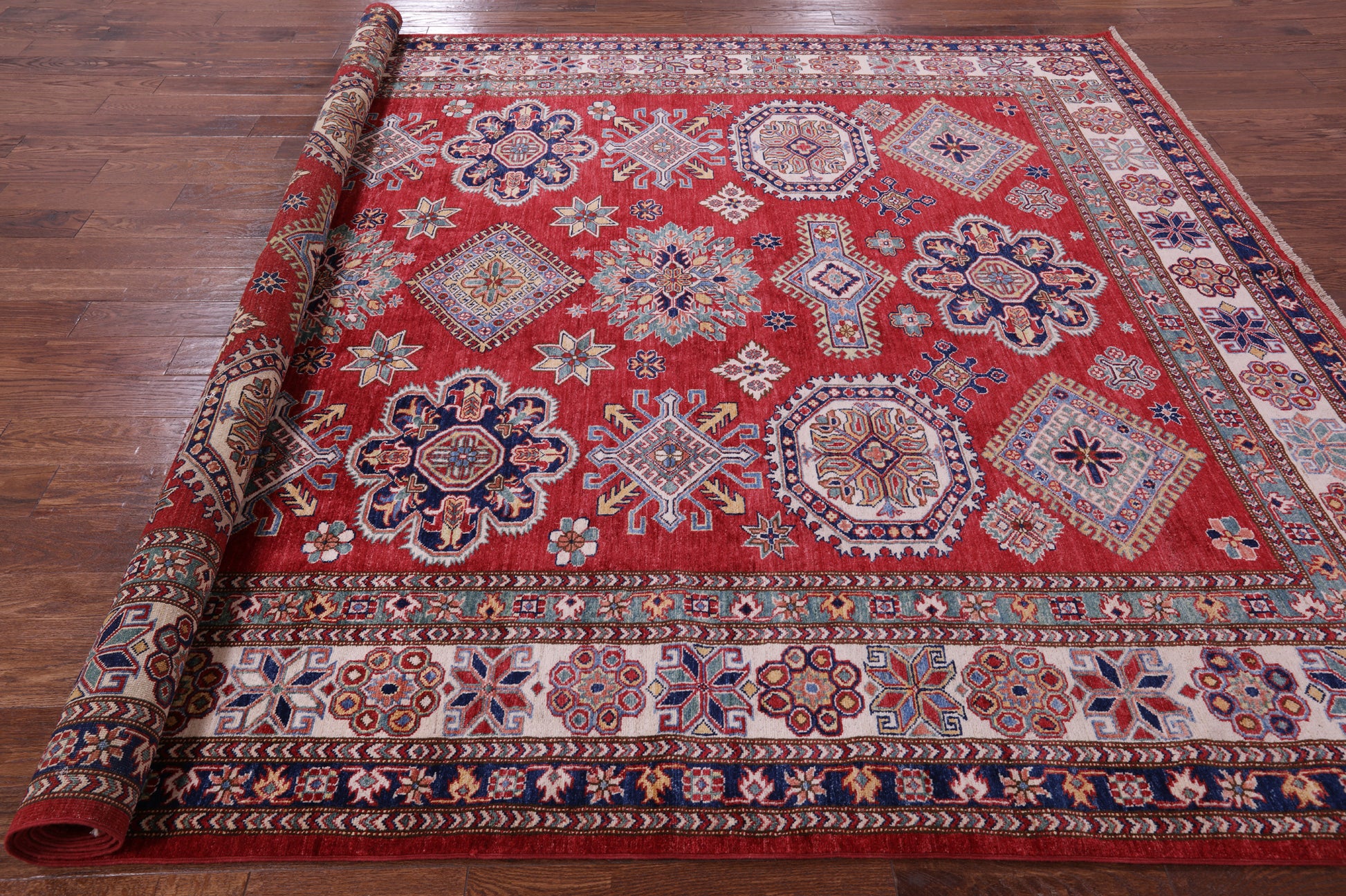 Red Super Kazak Handmade Wool Rug - 8' 11" X 12' 0" - Golden Nile