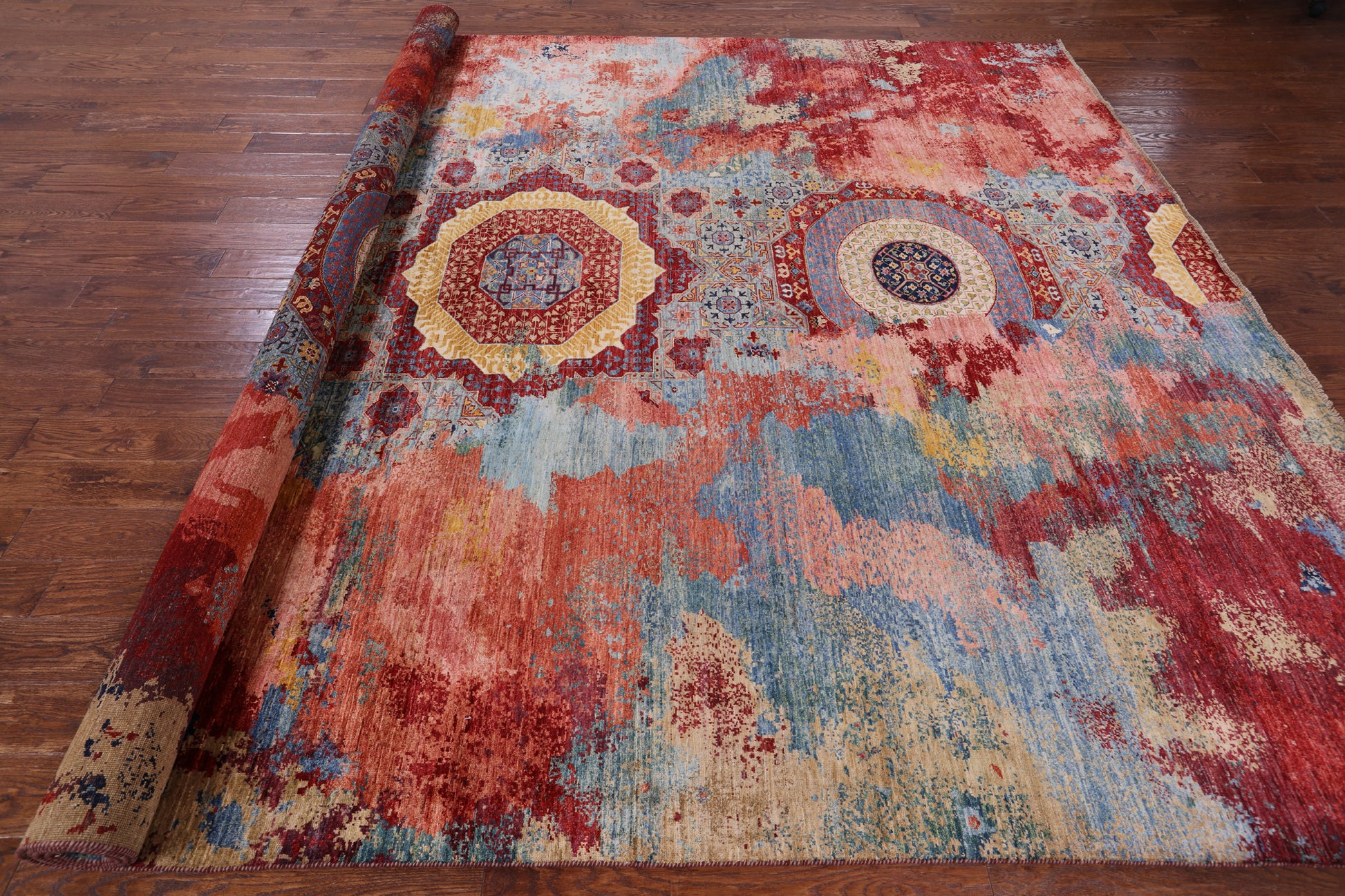 Abstract Modern Mamluk Hand Knotted Wool Rug - 9' 9" X 13' 1" - Golden Nile
