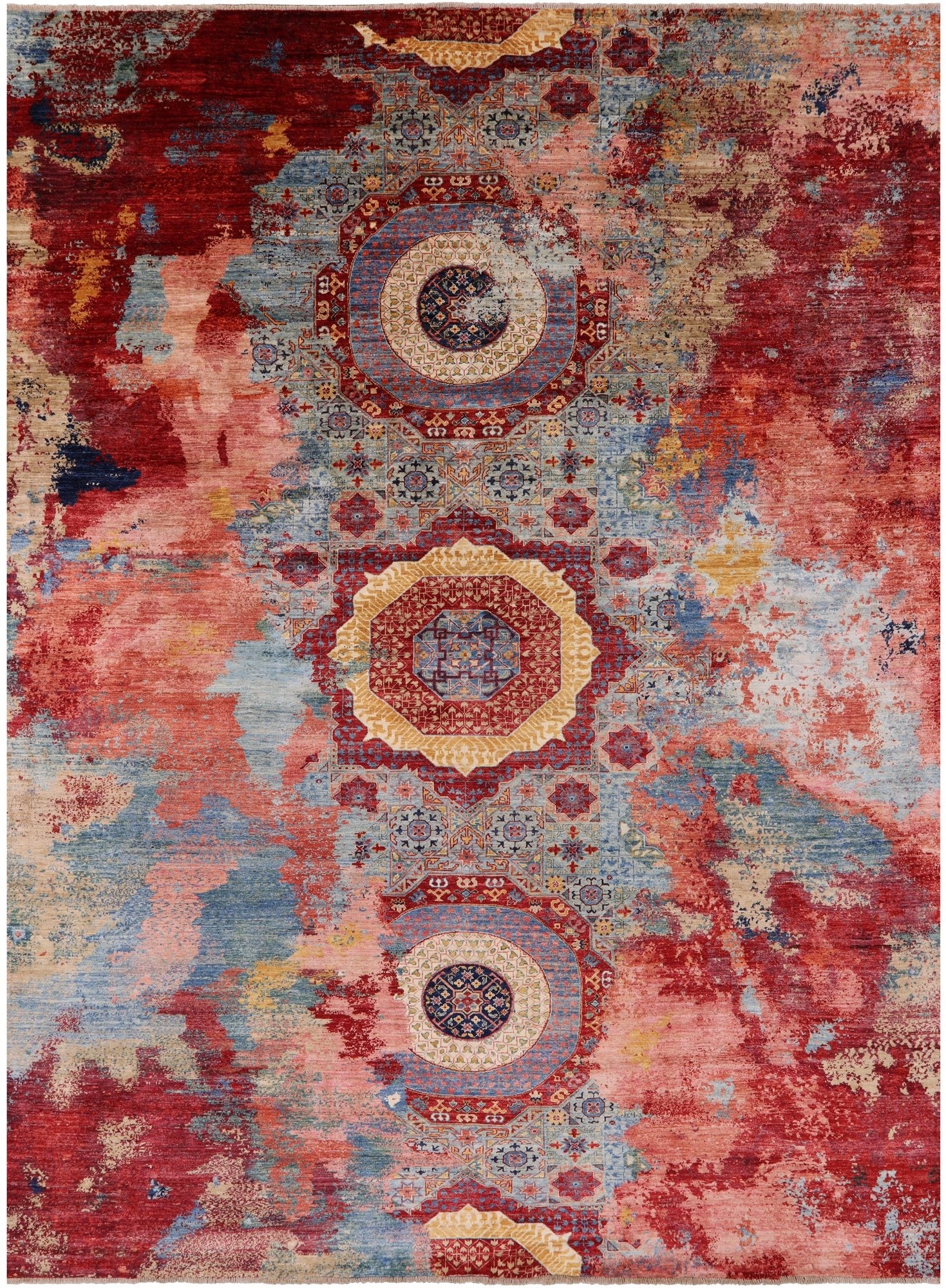 Abstract Modern Mamluk Hand Knotted Wool Rug - 9' 9" X 13' 1" - Golden Nile