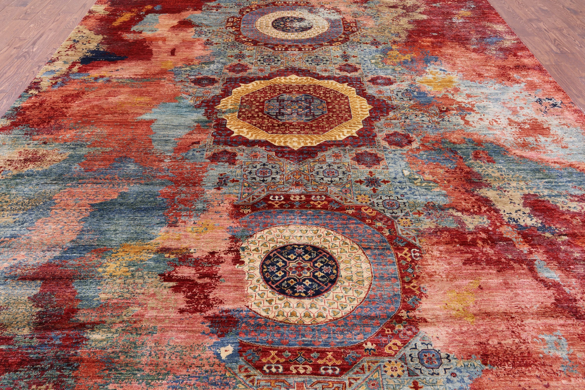 Abstract Modern Mamluk Hand Knotted Wool Rug - 9' 9" X 13' 1" - Golden Nile